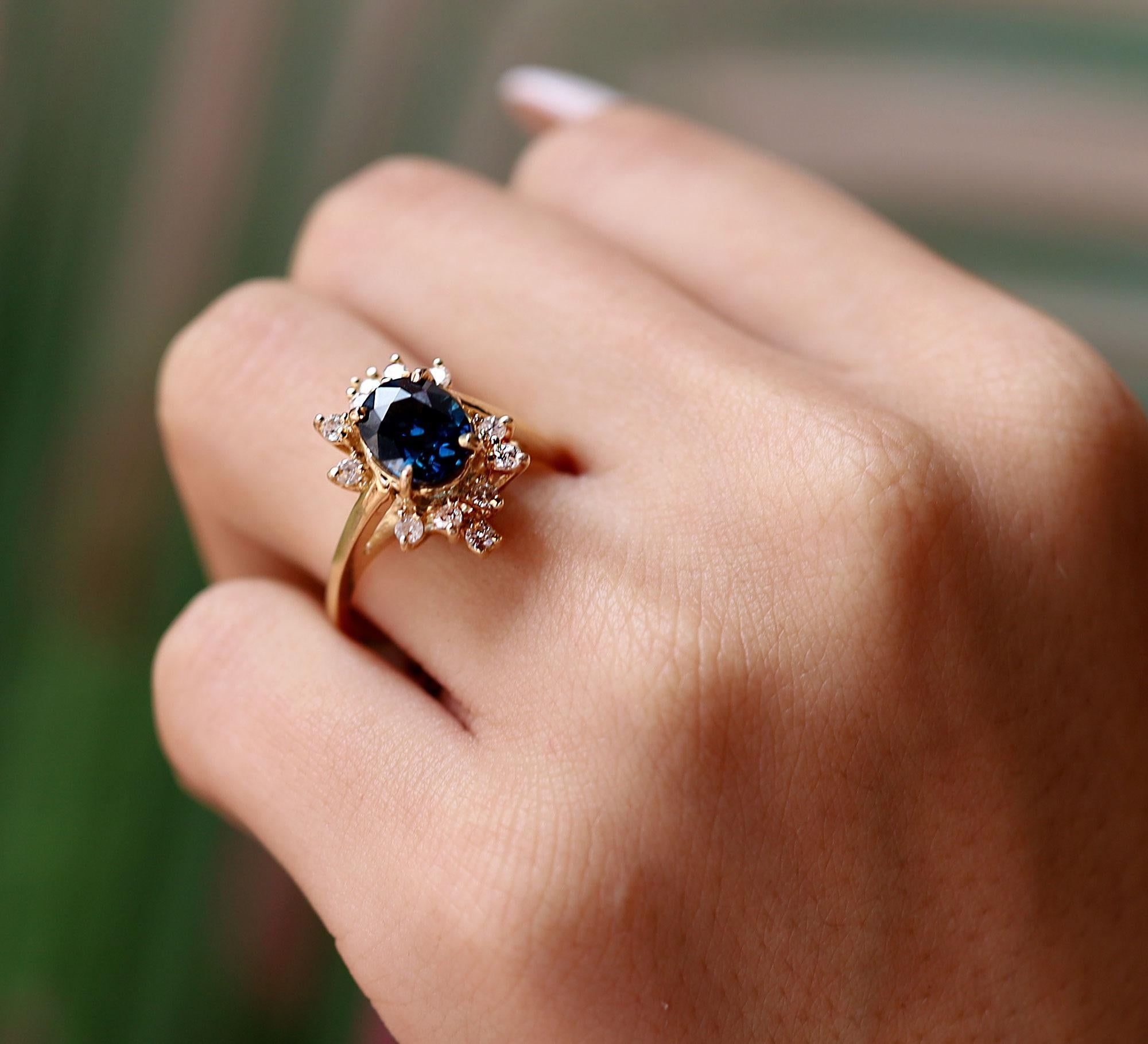 Modern Mid Century Mod Space Age Sapphire and Diamond Cocktail Ring