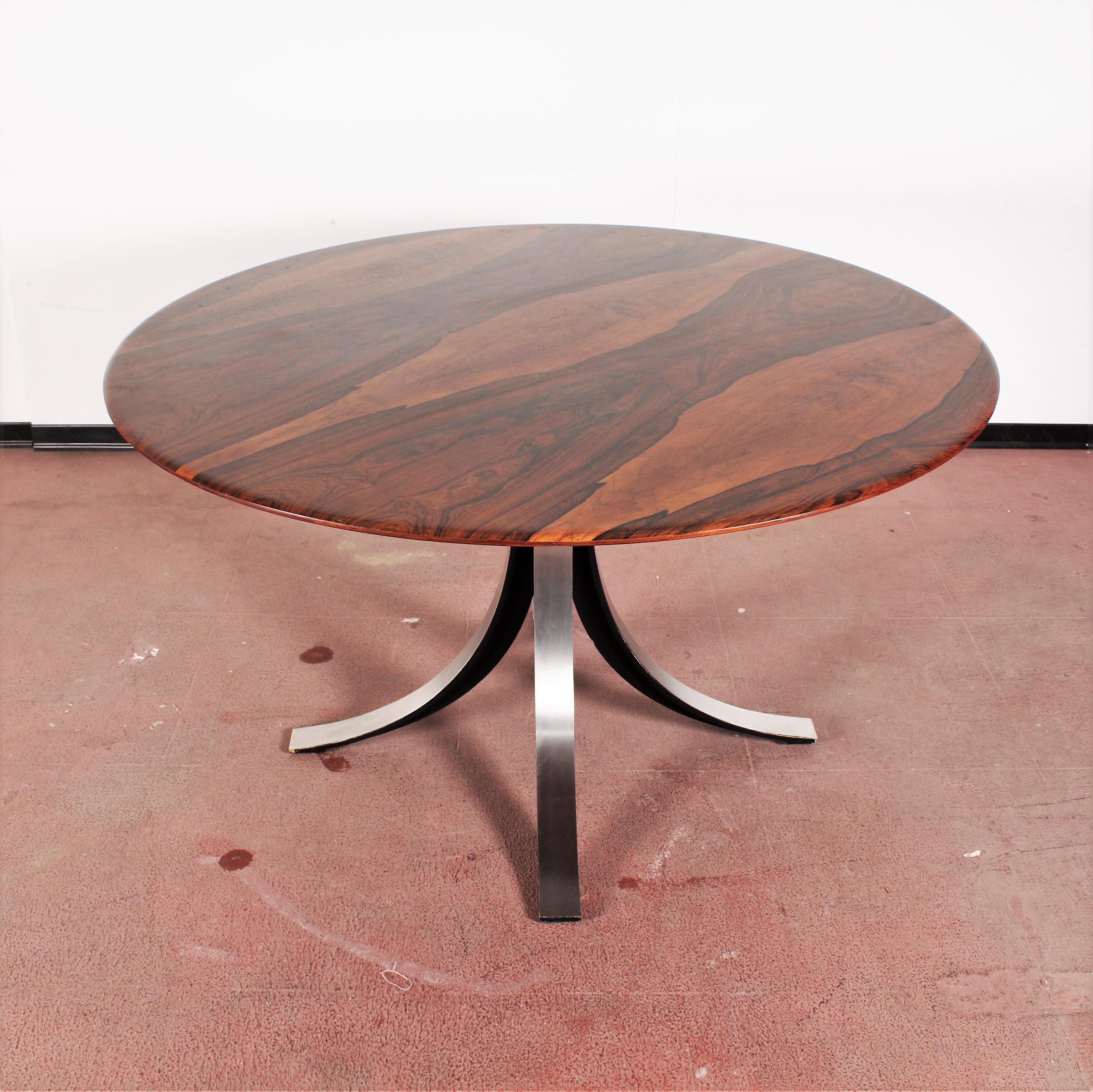 Brushed Midcentury Mod T69, Borsani for Tecno Wood and Metal Circular Table, Italy 1960s
