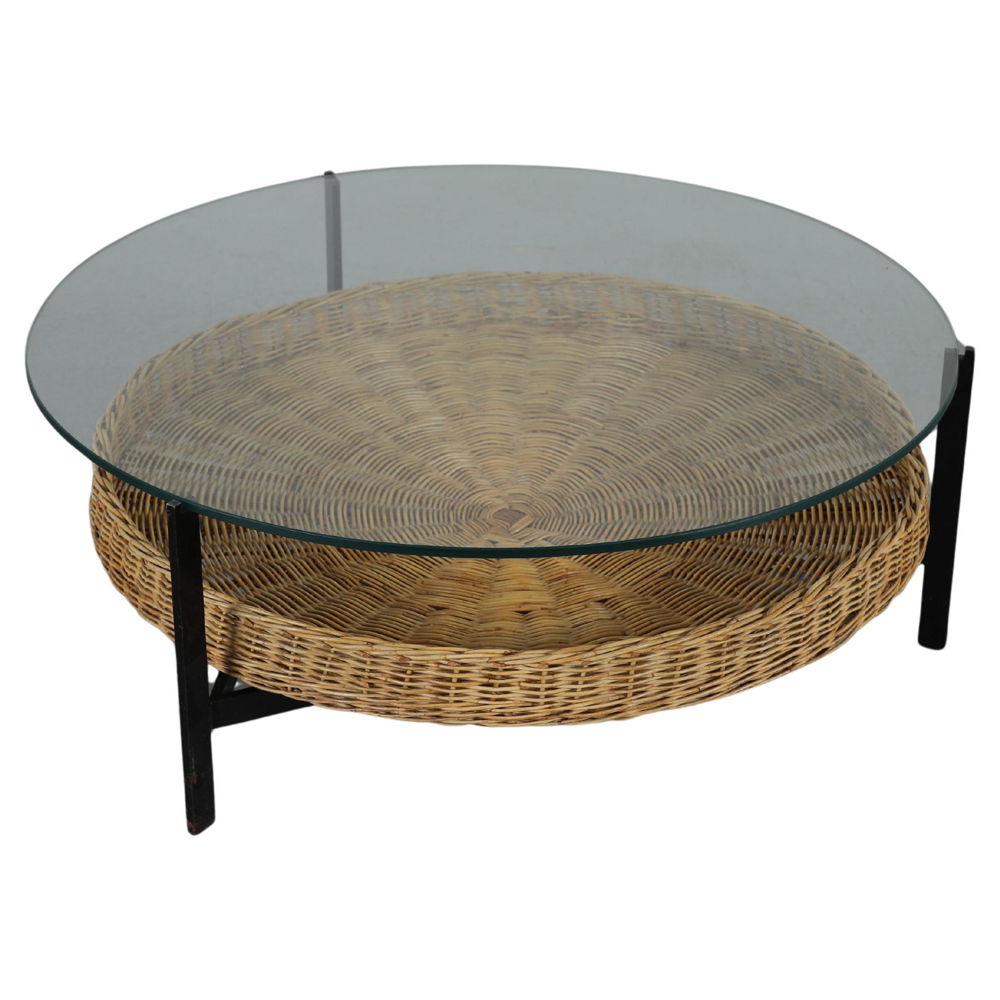 Mid-Century "Model 743" Round Coffee Table with Rattan Magazine Basket
