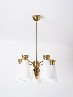 Mid-Century Model ER 103/5 Brass & Opaline Glass Ceiling Lamp by Itsu, Finland