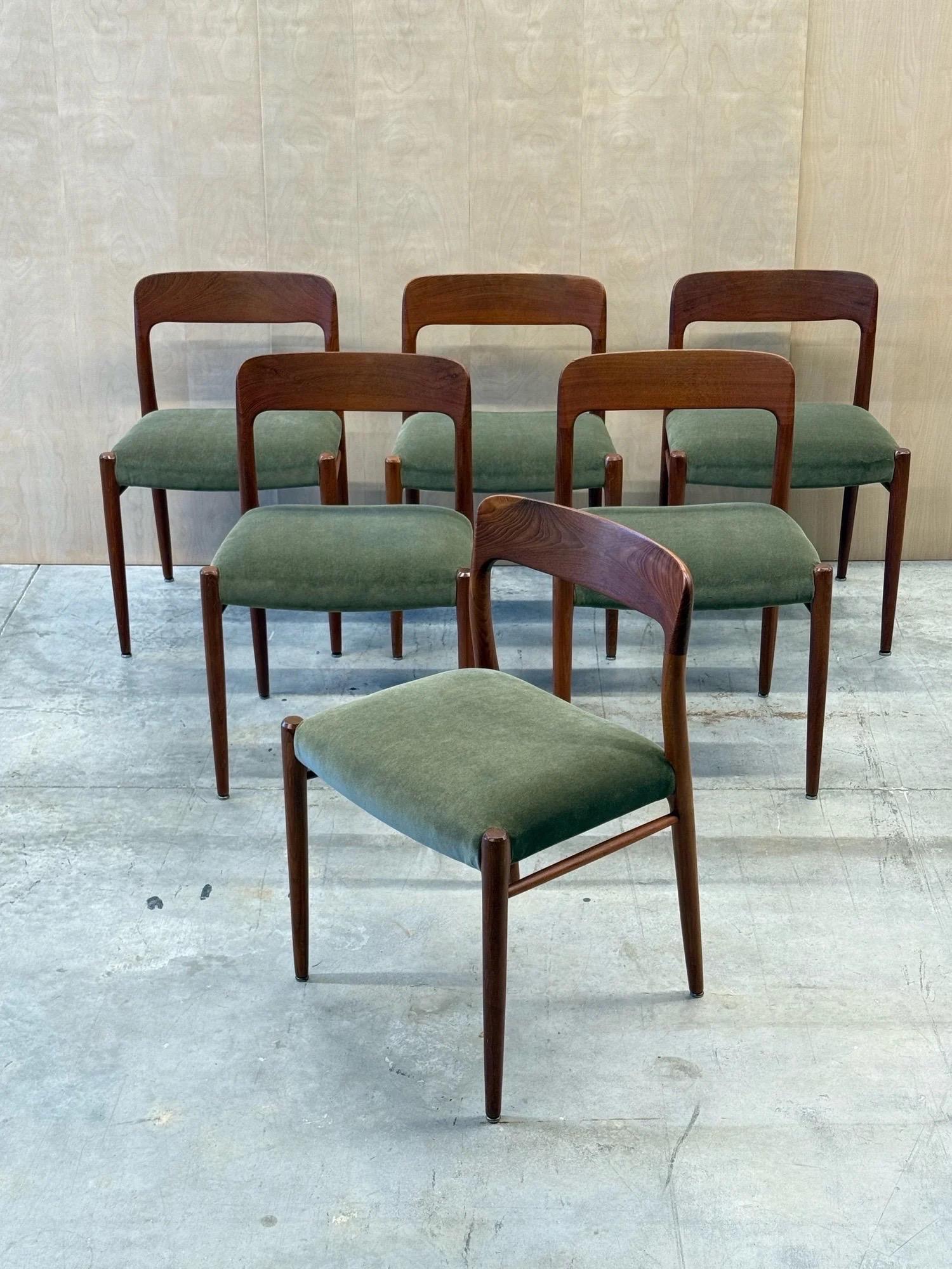 Mid-century set of six model no. 75 dining chairs. Originally designed in 1954 by Niels Otto Møller for J.L. Møller, Denmark. One of Møller's earliest contributions to his renowned series of 