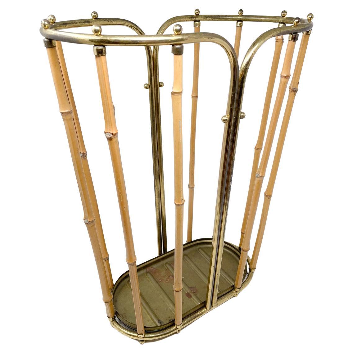 Mid-Century Moder Bamboo and Brass Umbrella Stand, 1950s For Sale