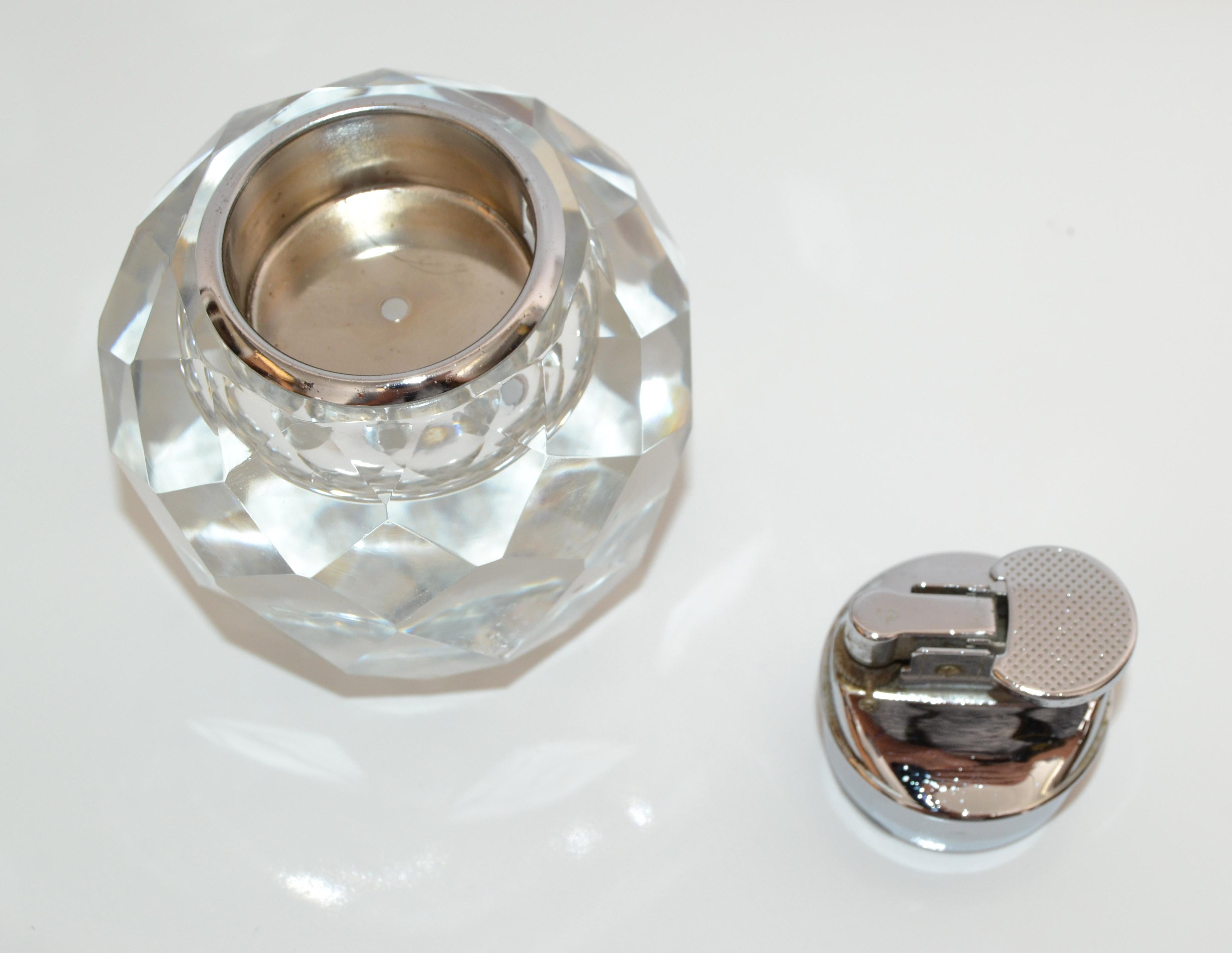 Mid-Century Modern Transparent Faceted Art Glass Chrome Gas Lighter Japan 1970 For Sale 1