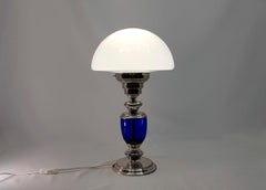 Mid-Century Moderm Cobalt Blue Crystal Spanish Engraved Brass Table Lamp
