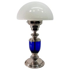 Vintage Mid-Century Moderm Cobalt Blue Crystal Spanish Engraved Brass Table Lamp