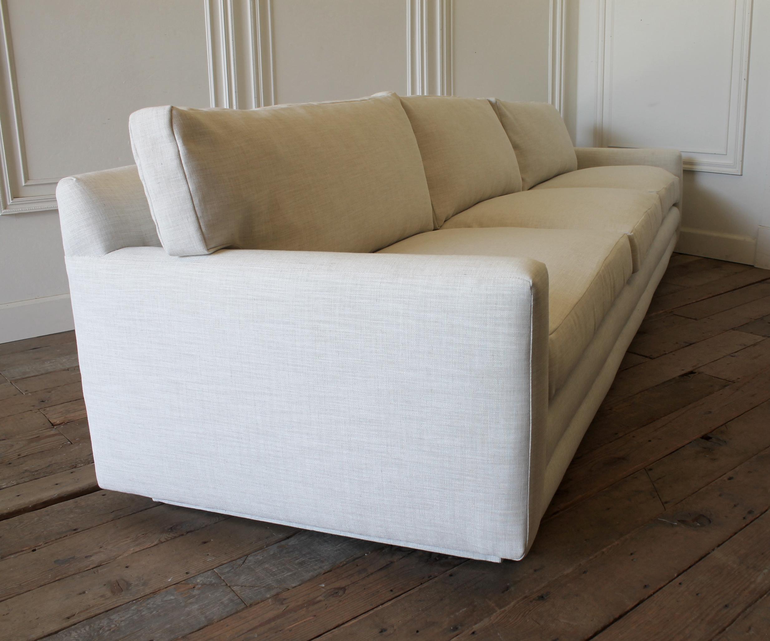 Mid-Century Modern Sofa Reupholstered in Natural Linen Blend Herringbone 5