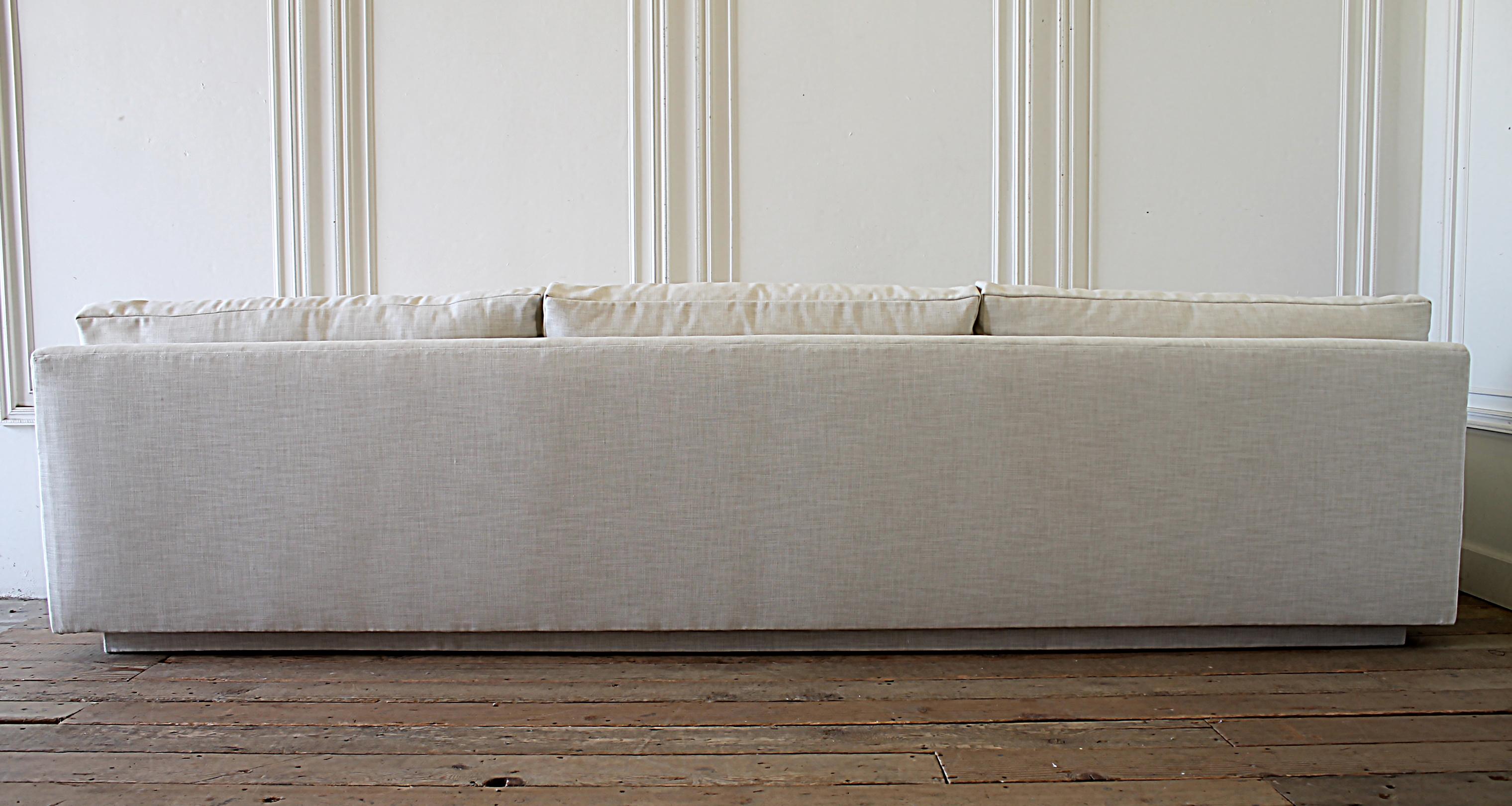 Mid-Century Modern Sofa Reupholstered in Natural Linen Blend Herringbone 9
