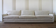 Mid-Century Modern Sofa Reupholstered in Natural Linen Blend Herringbone
