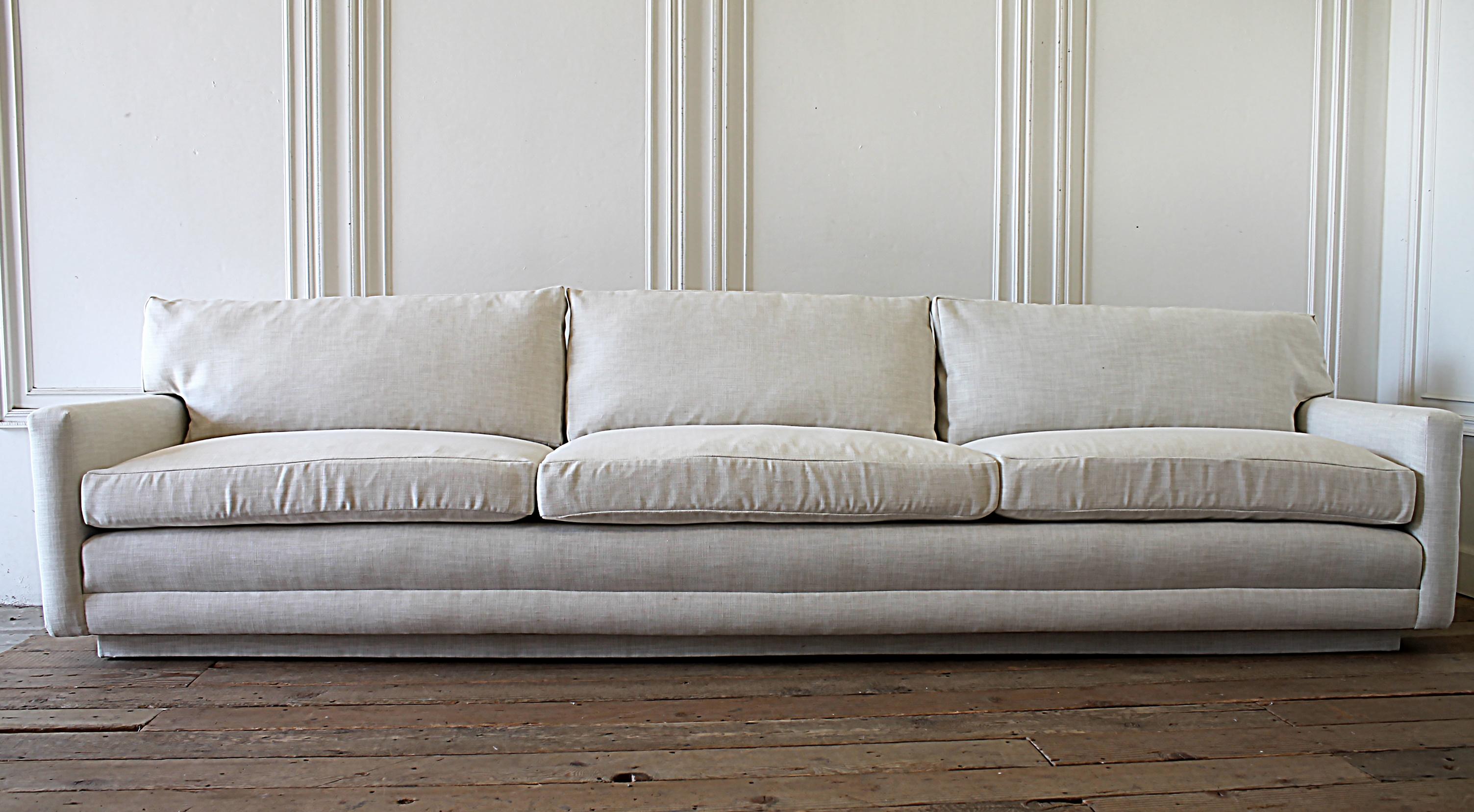 North American Mid-Century Modern Sofa Reupholstered in Natural Linen Blend Herringbone