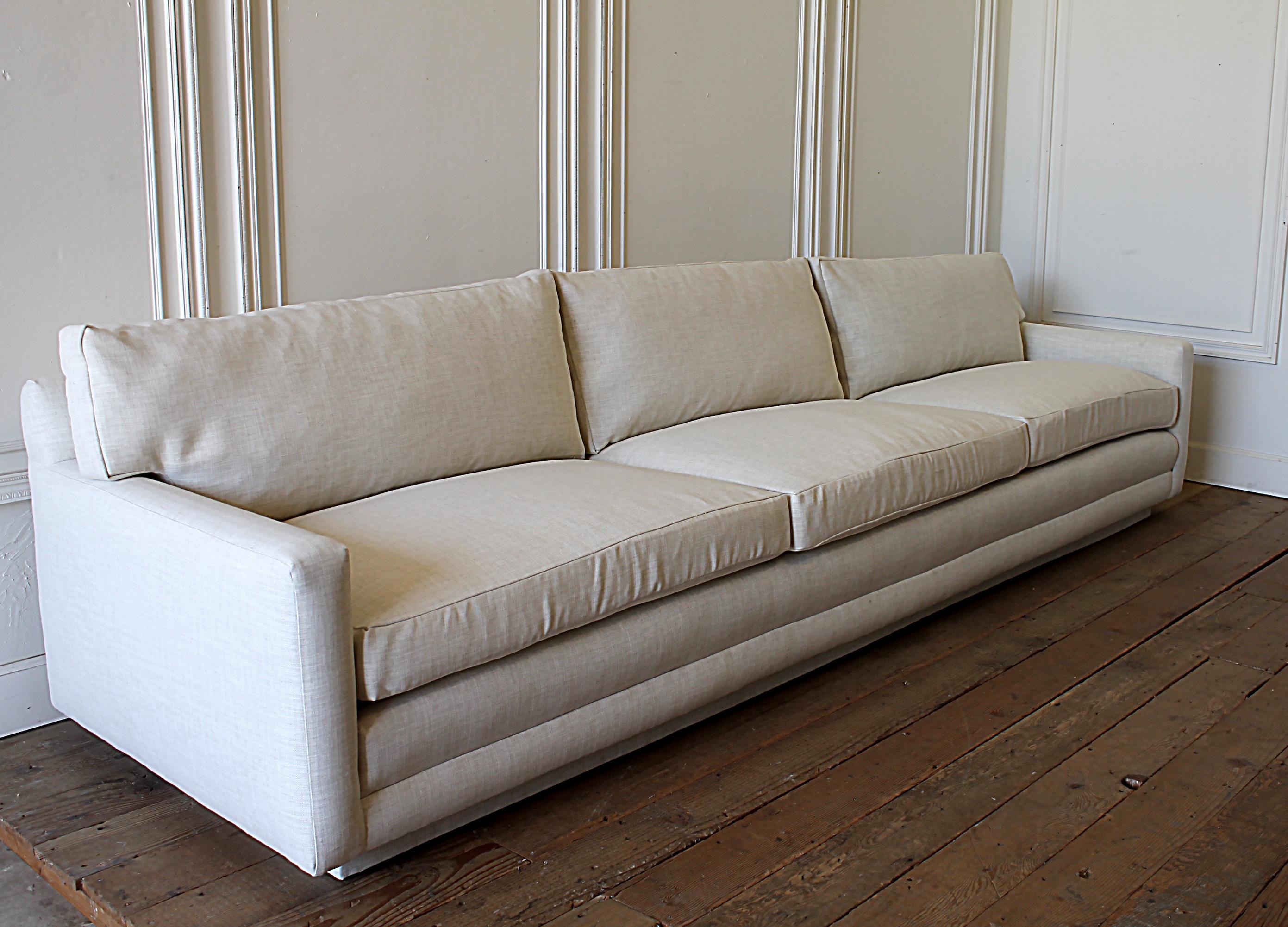 20th Century Mid-Century Modern Sofa Reupholstered in Natural Linen Blend Herringbone