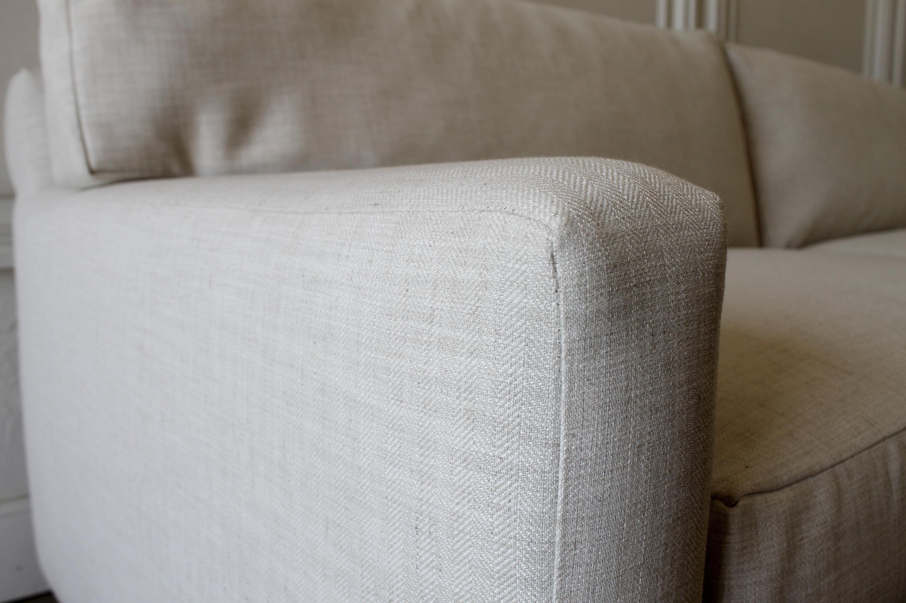 Mid-Century Modern Sofa Reupholstered in Natural Linen Blend Herringbone 1