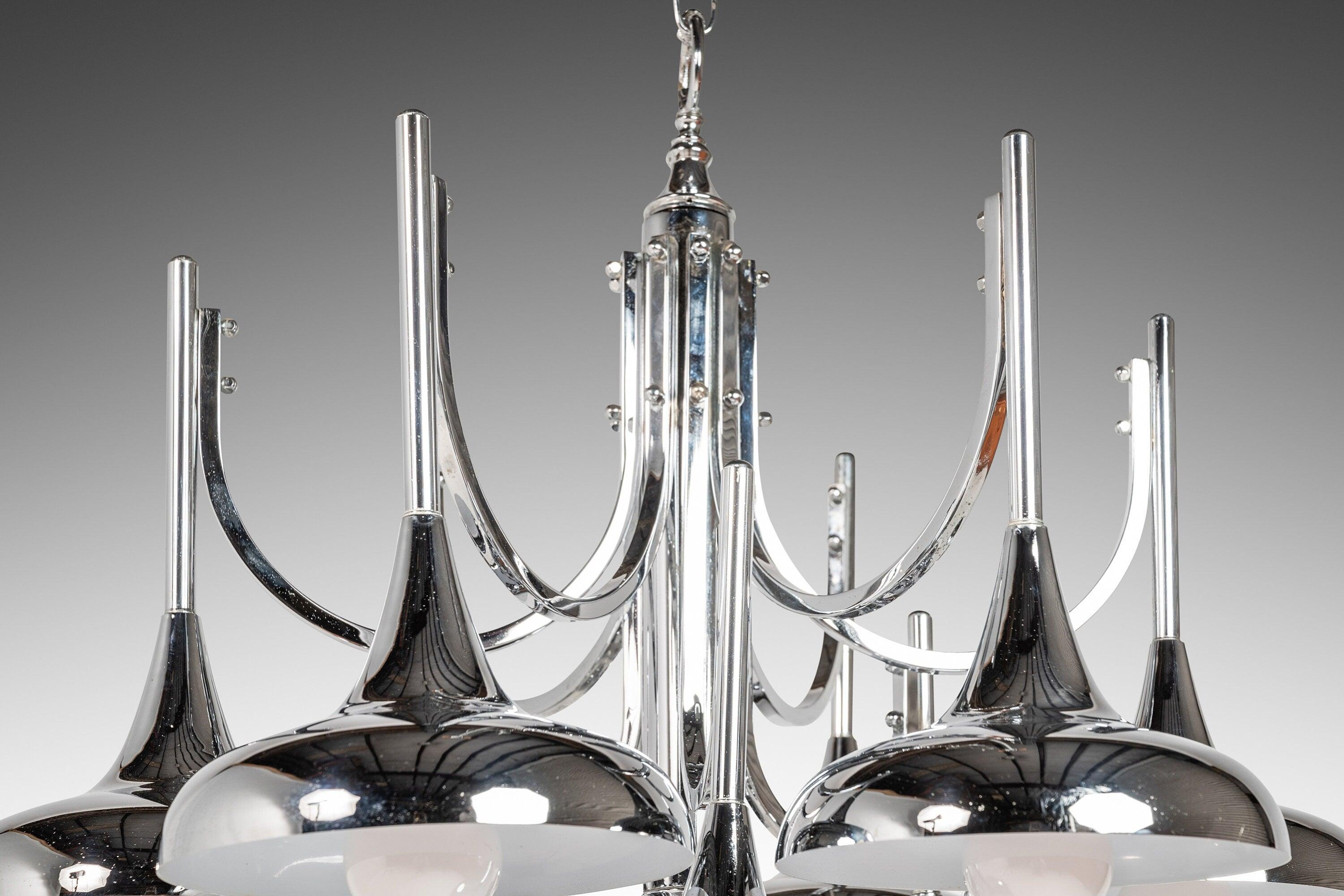 Italian Mid-Century Modern 10-Light Chrome Trumpet Lamp Chandelier Attributed to Reggian For Sale
