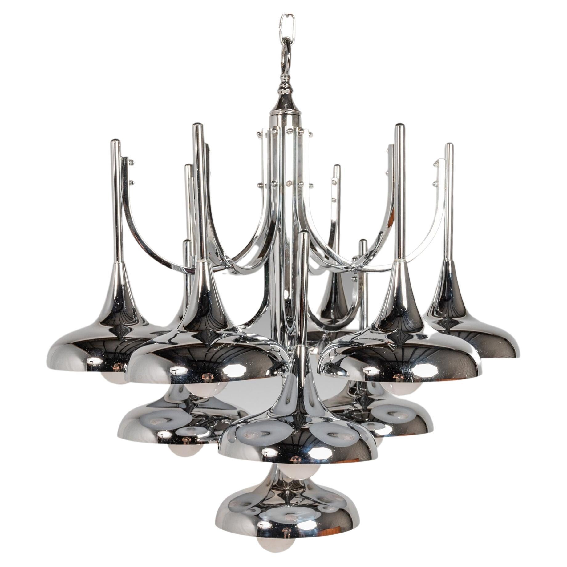 Mid-Century Modern 10-Light Chrome Trumpet Lamp Chandelier Attributed to Reggian For Sale