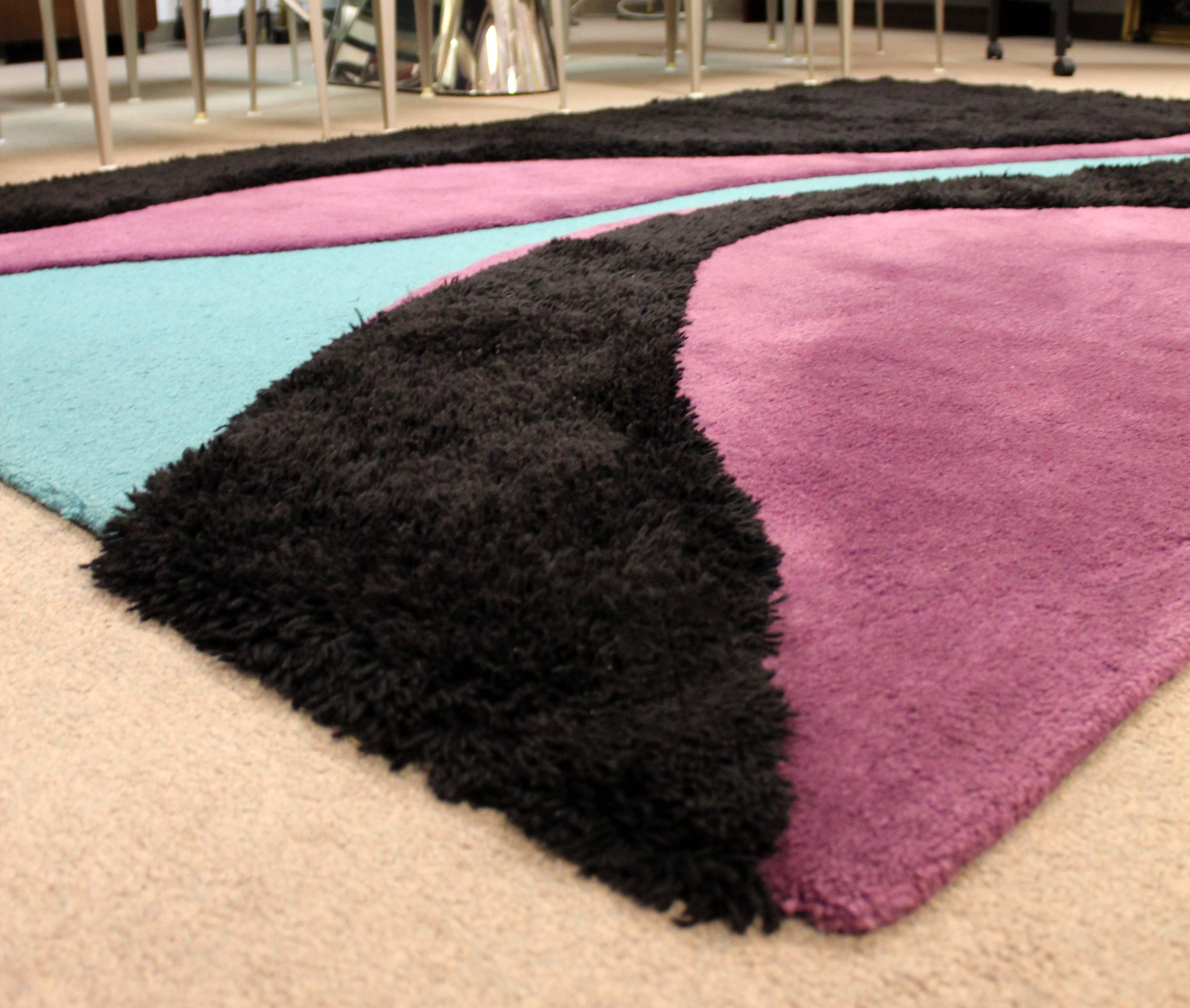 American Mid-Century Modern 100% Wool Area Rug Carter Carpets Black Teal Purple, 1970s