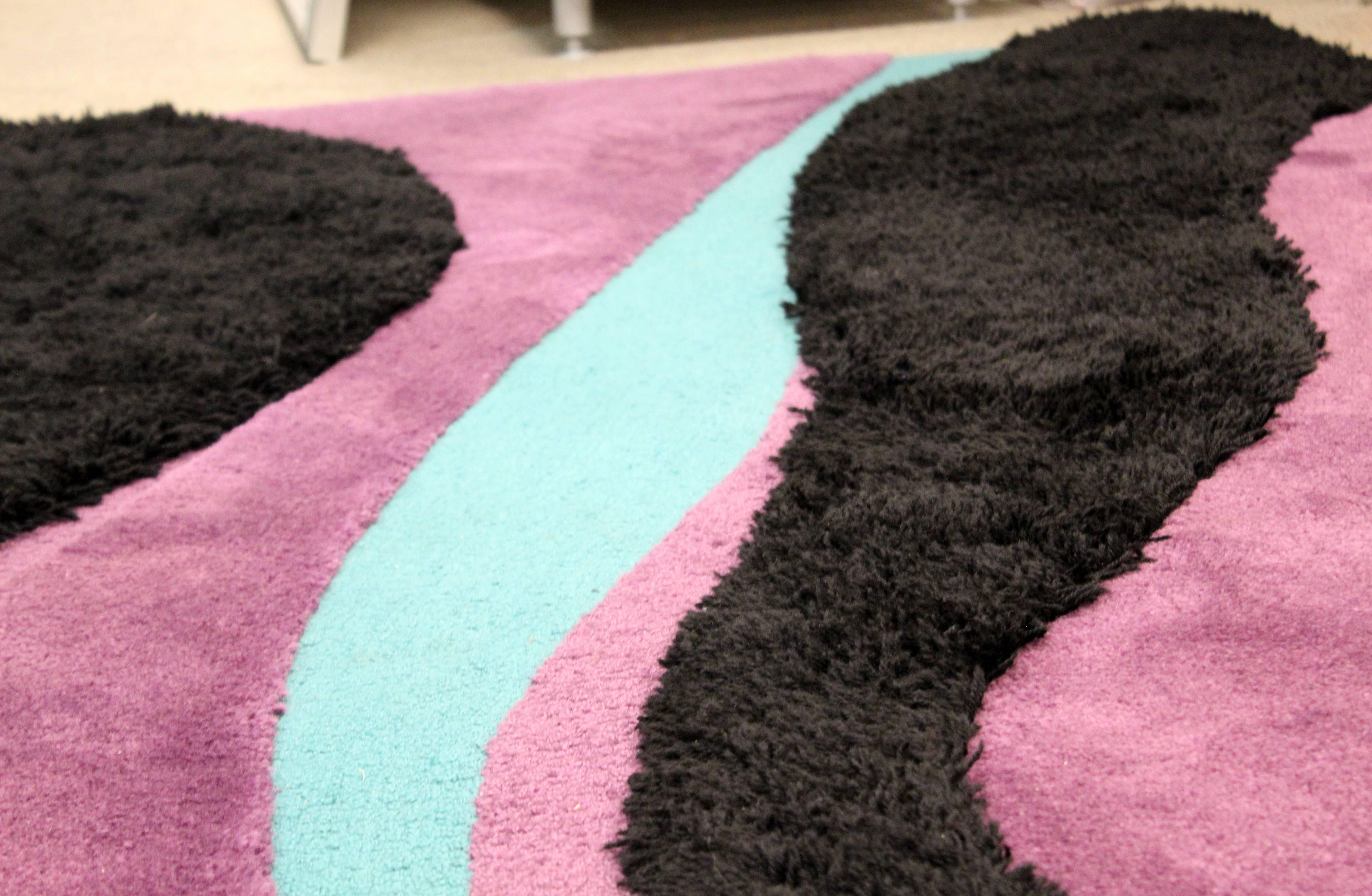 Late 20th Century Mid-Century Modern 100% Wool Area Rug Carter Carpets Black Teal Purple, 1970s
