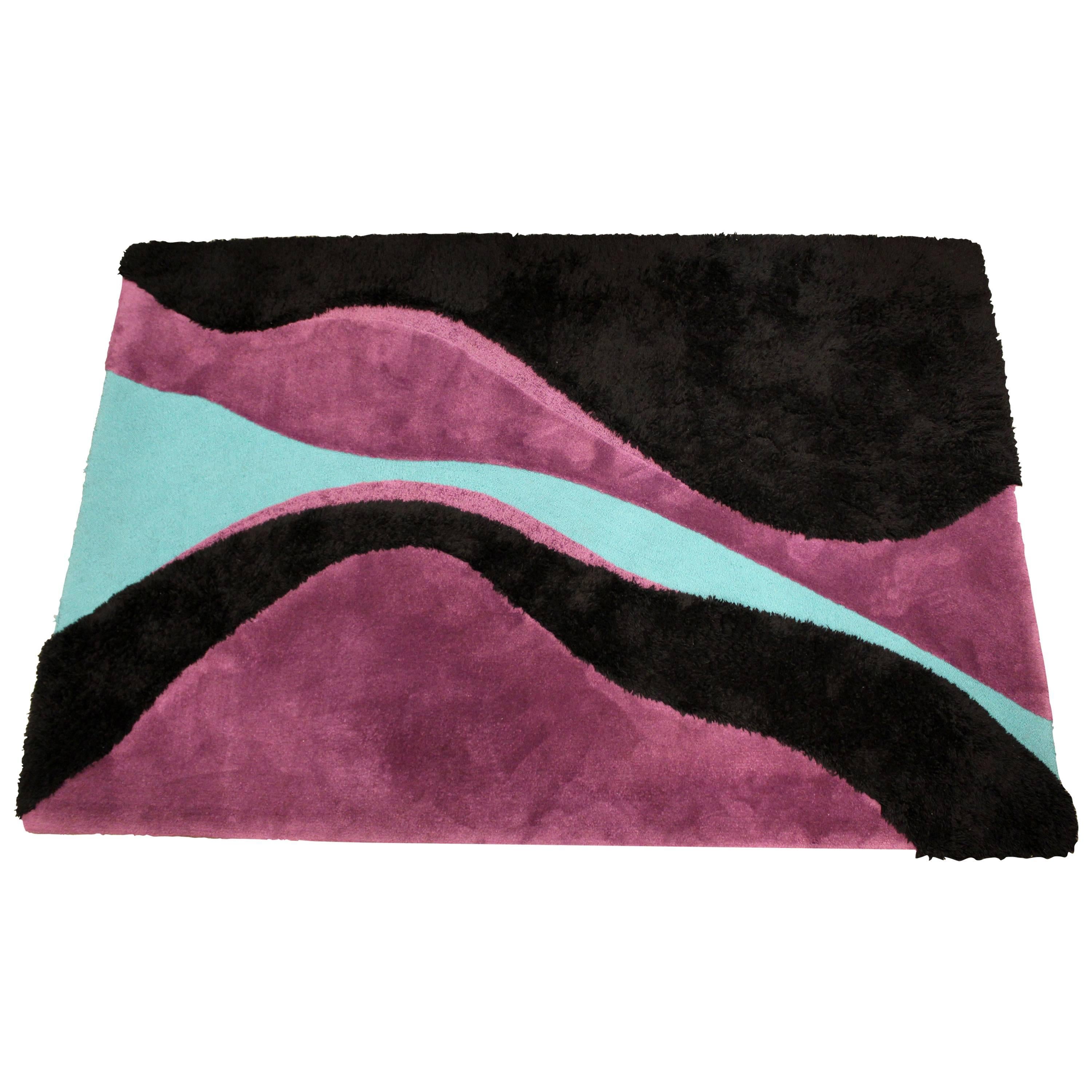 Mid-Century Modern 100% Wool Area Rug Carter Carpets Black Teal Purple, 1970s