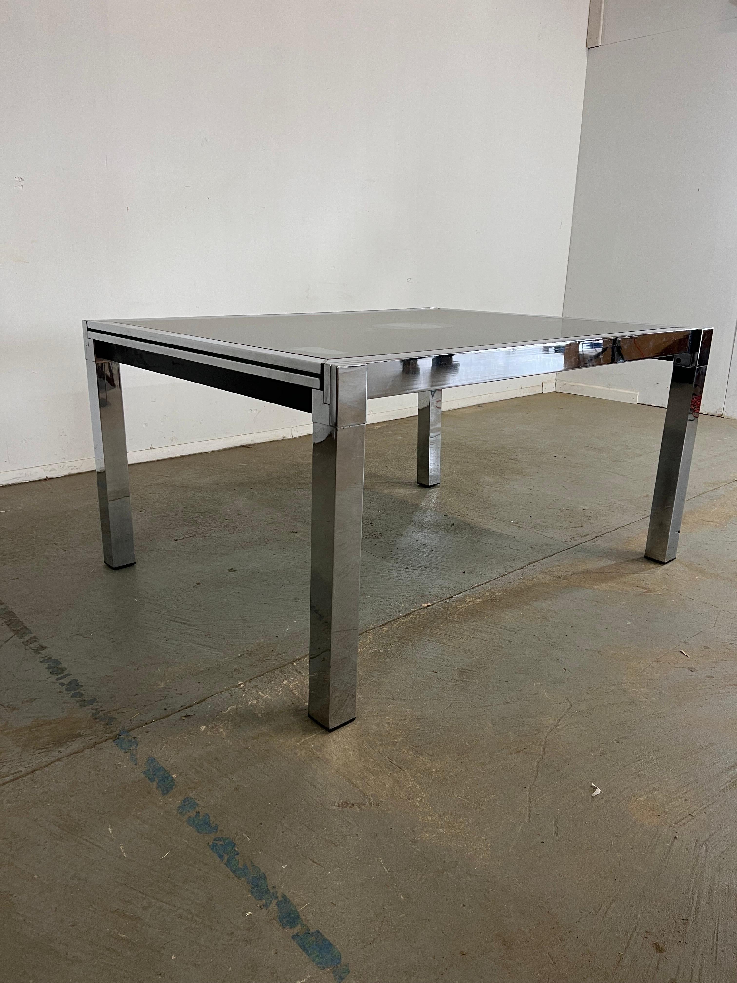 Glass Mid-Century Modern 110” Milo Baughman Style Chrome Dining Table