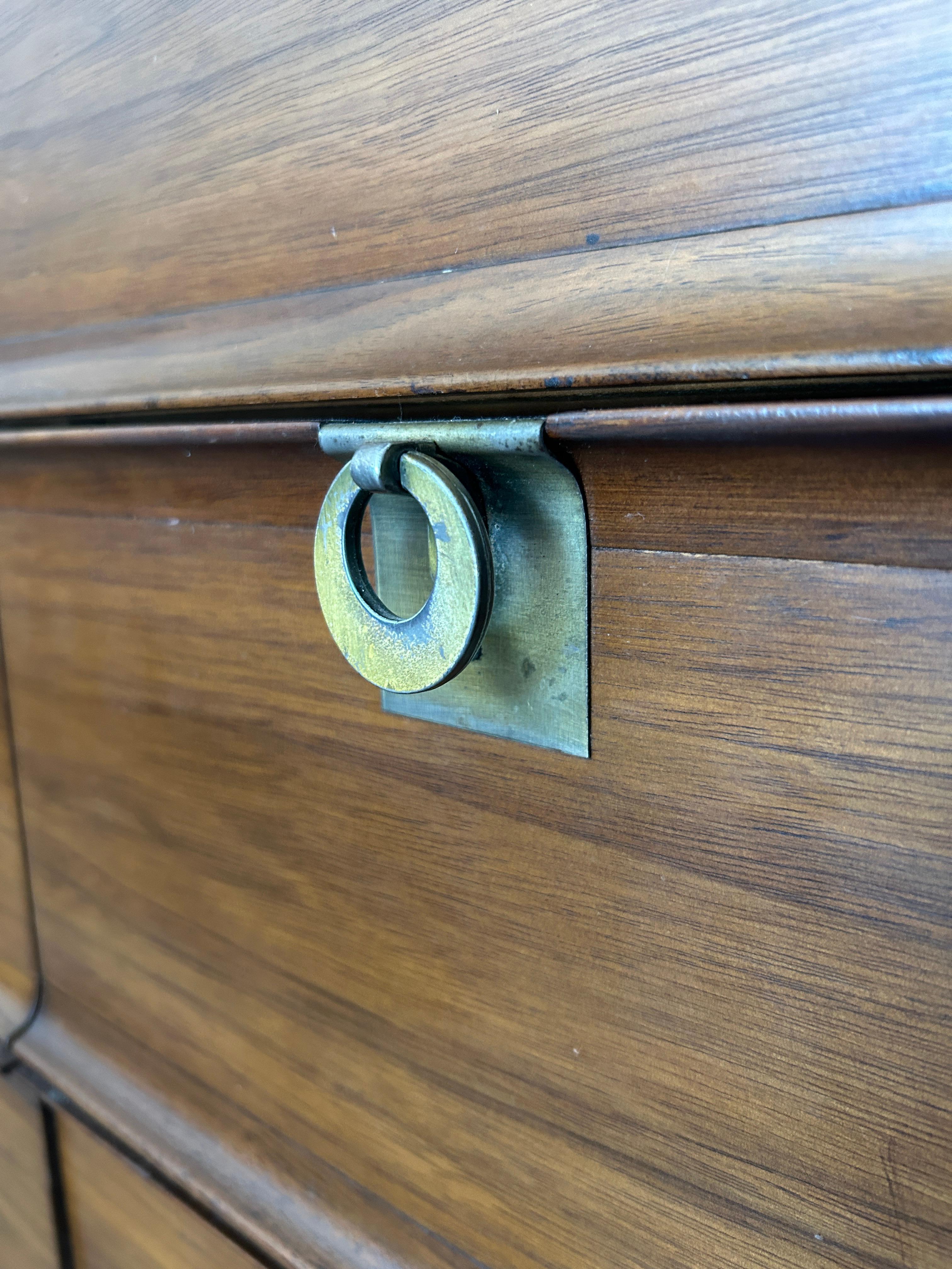 Woodwork Mid-Century Modern 12 Drawer Walnut dresser credenza ring brass pull handles