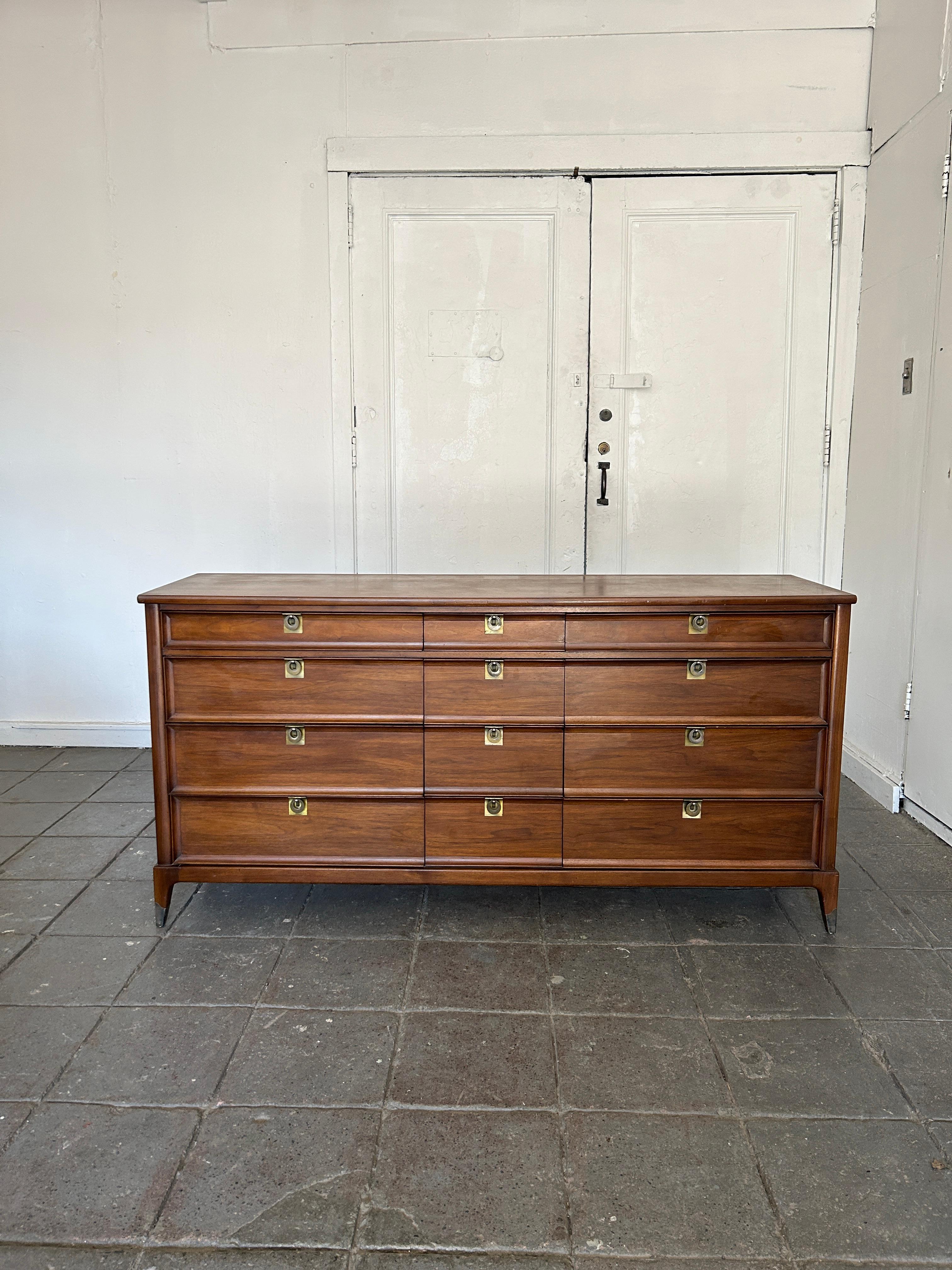 Brass Mid-Century Modern 12 Drawer Walnut dresser credenza ring brass pull handles