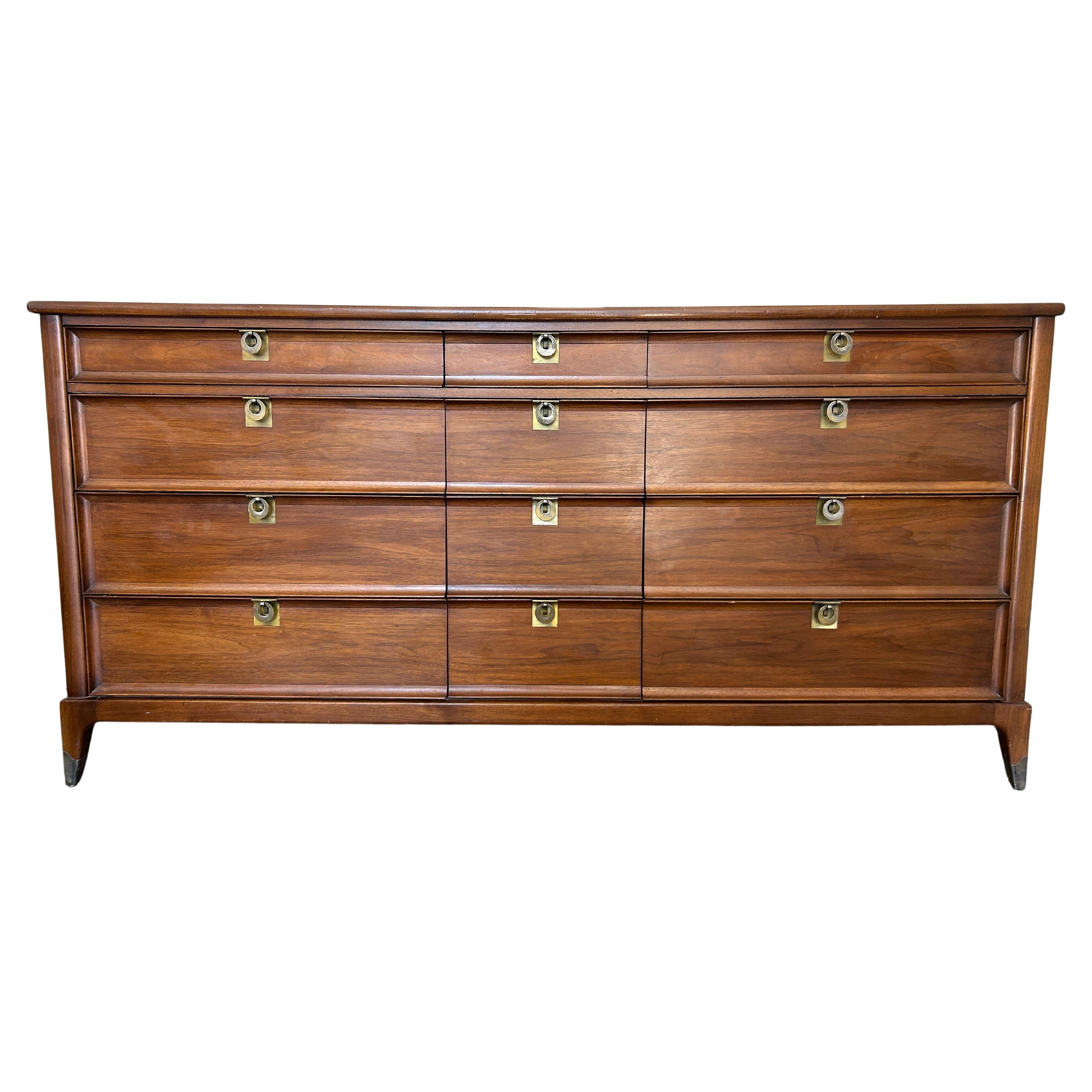 Mid-Century Modern 12 Drawer Walnut dresser credenza ring brass pull handles