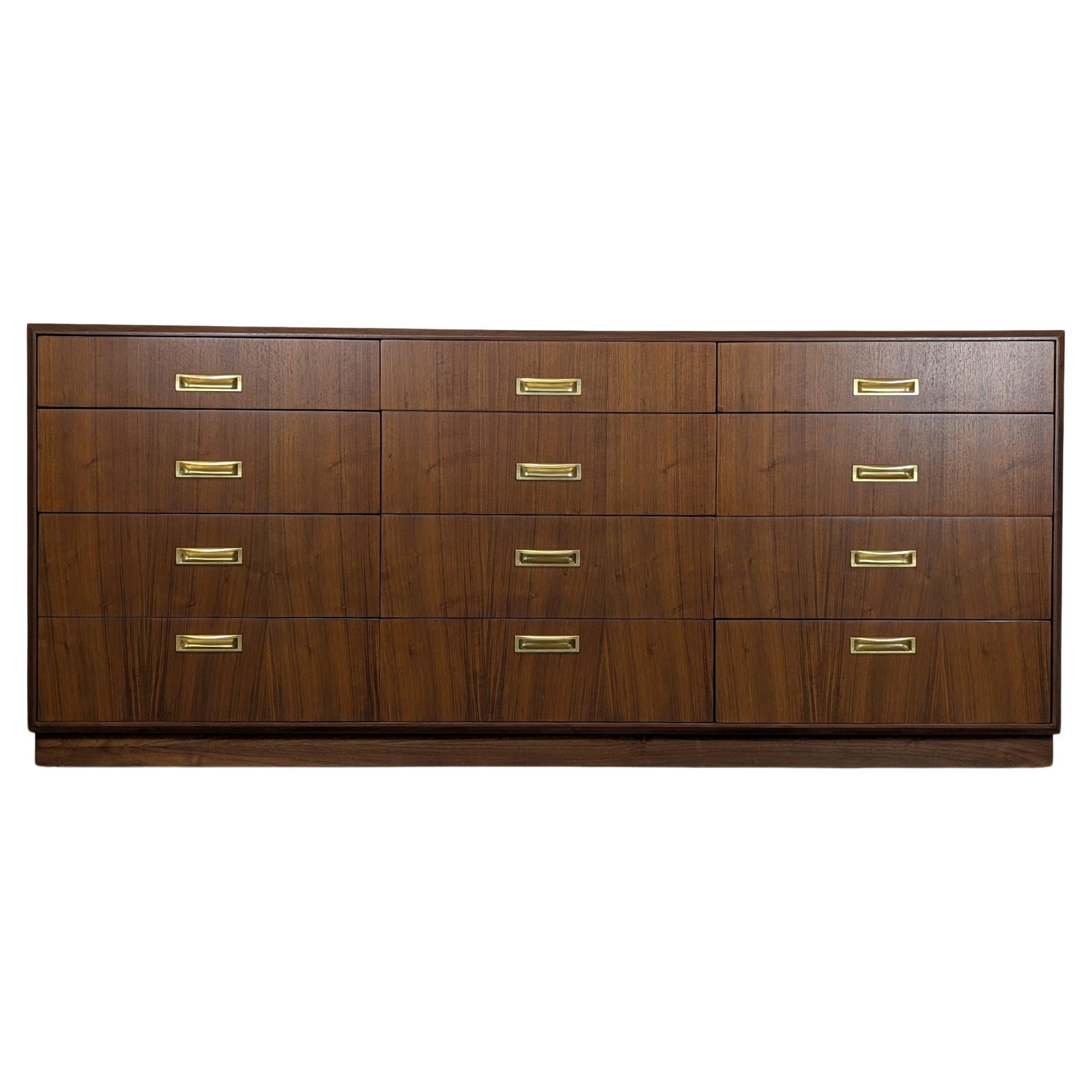 Mid Century Modern 12-Drawer Walnut Dresser, Refinished, c1960s