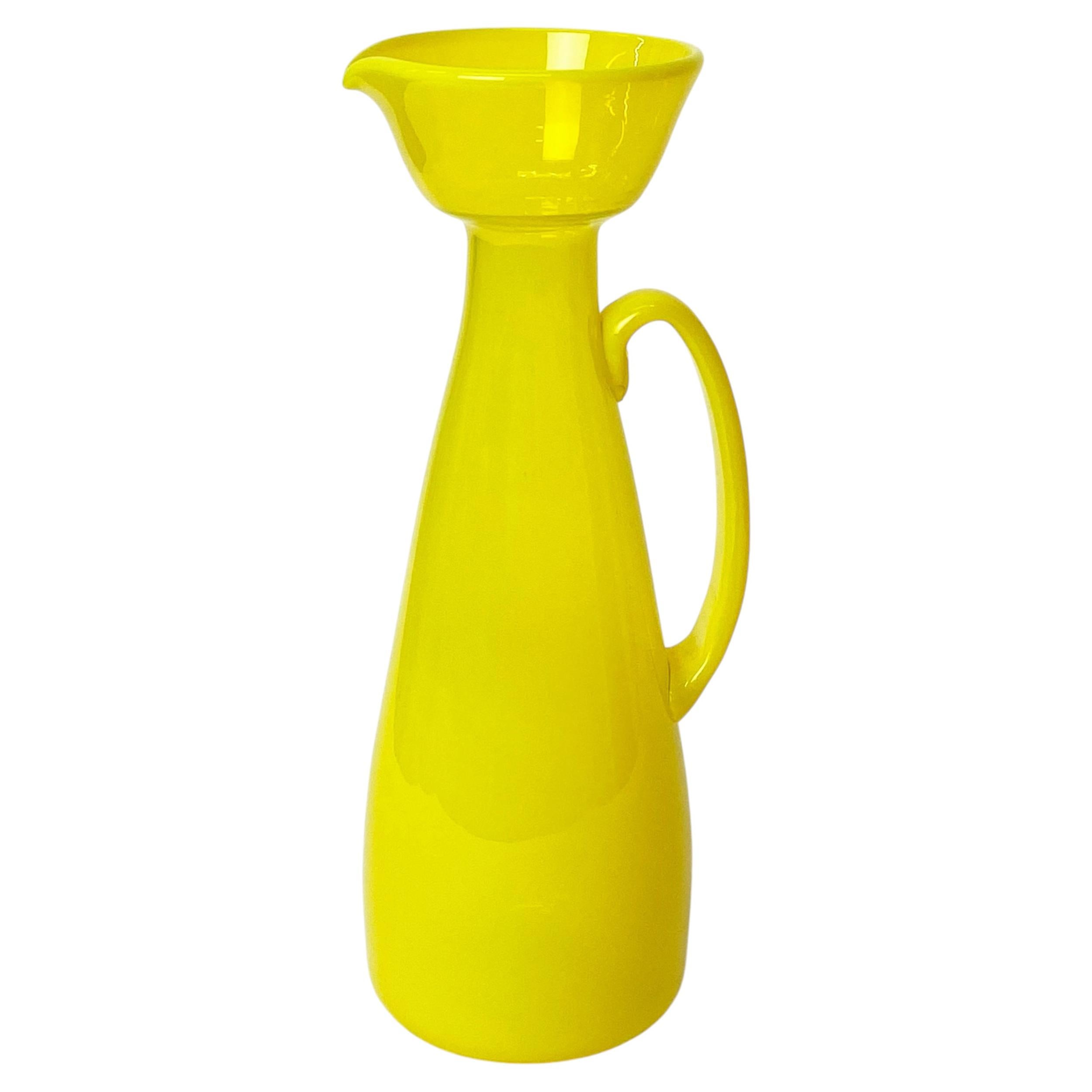 Mid-Century Modern 14" Lemon Yellow Opaline Art Glass Pitcher, Italy, c. 1960s