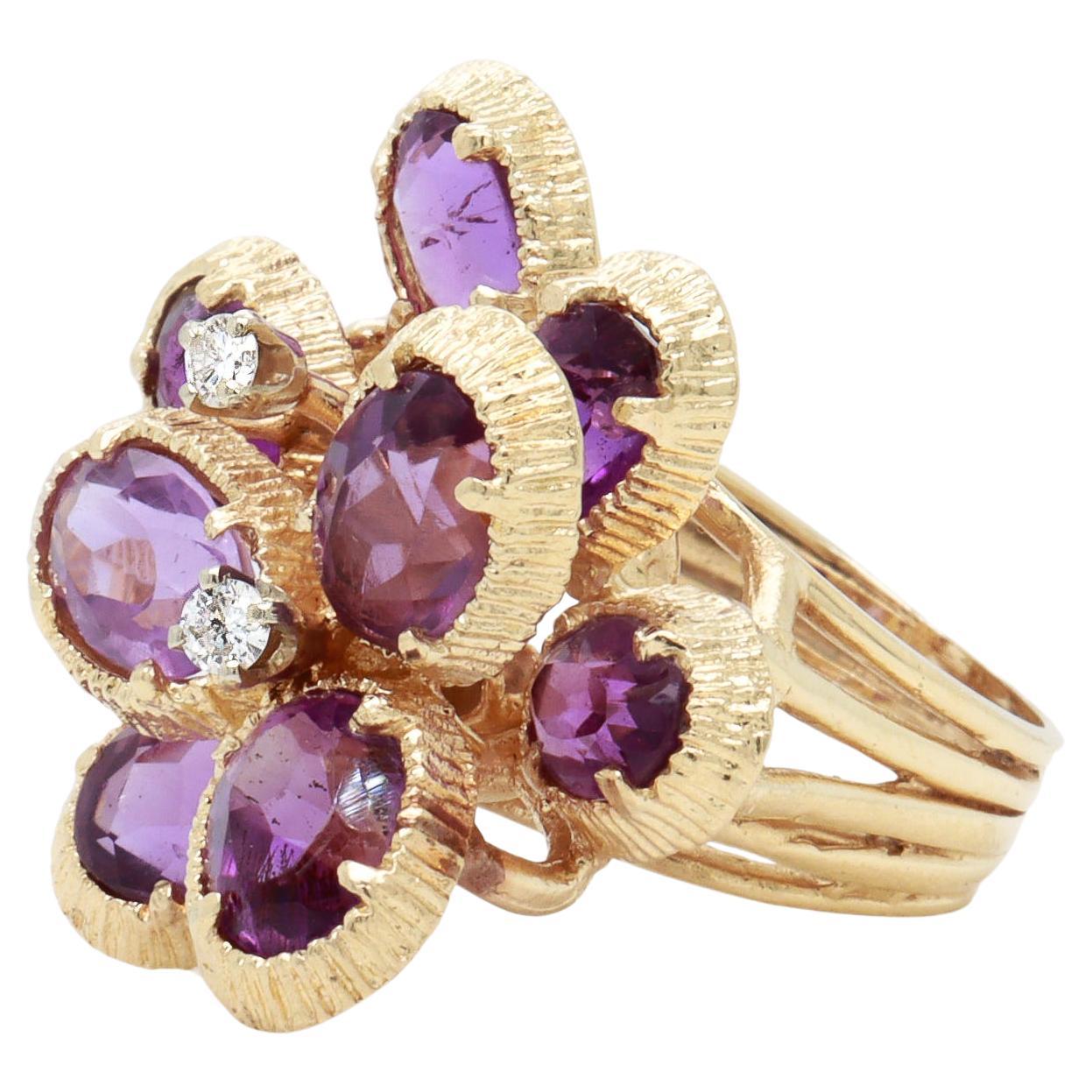 Mid-Century Modern 14K Gold, Amethyst, and Diamond Cocktail Ring