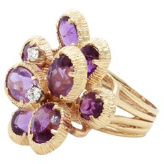 Mid-Century Modern 14K Gold, Amethyst, and Diamond Cocktail Ring