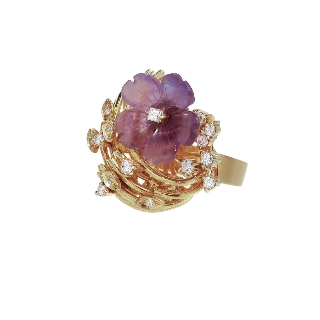 Round Cut Mid-Century Modern 14k Gold, Amethyst, & Diamond Cocktail Ring For Sale