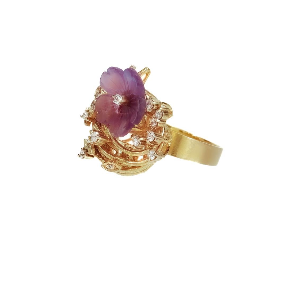 Women's Mid-Century Modern 14k Gold, Amethyst, & Diamond Cocktail Ring For Sale