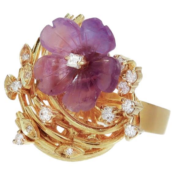 Mid-Century Modern 14k Gold, Amethyst, & Diamond Cocktail Ring For Sale