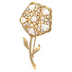 Mid-Century Modern 14K Gold, Opal, and Diamond Floral Brooch
