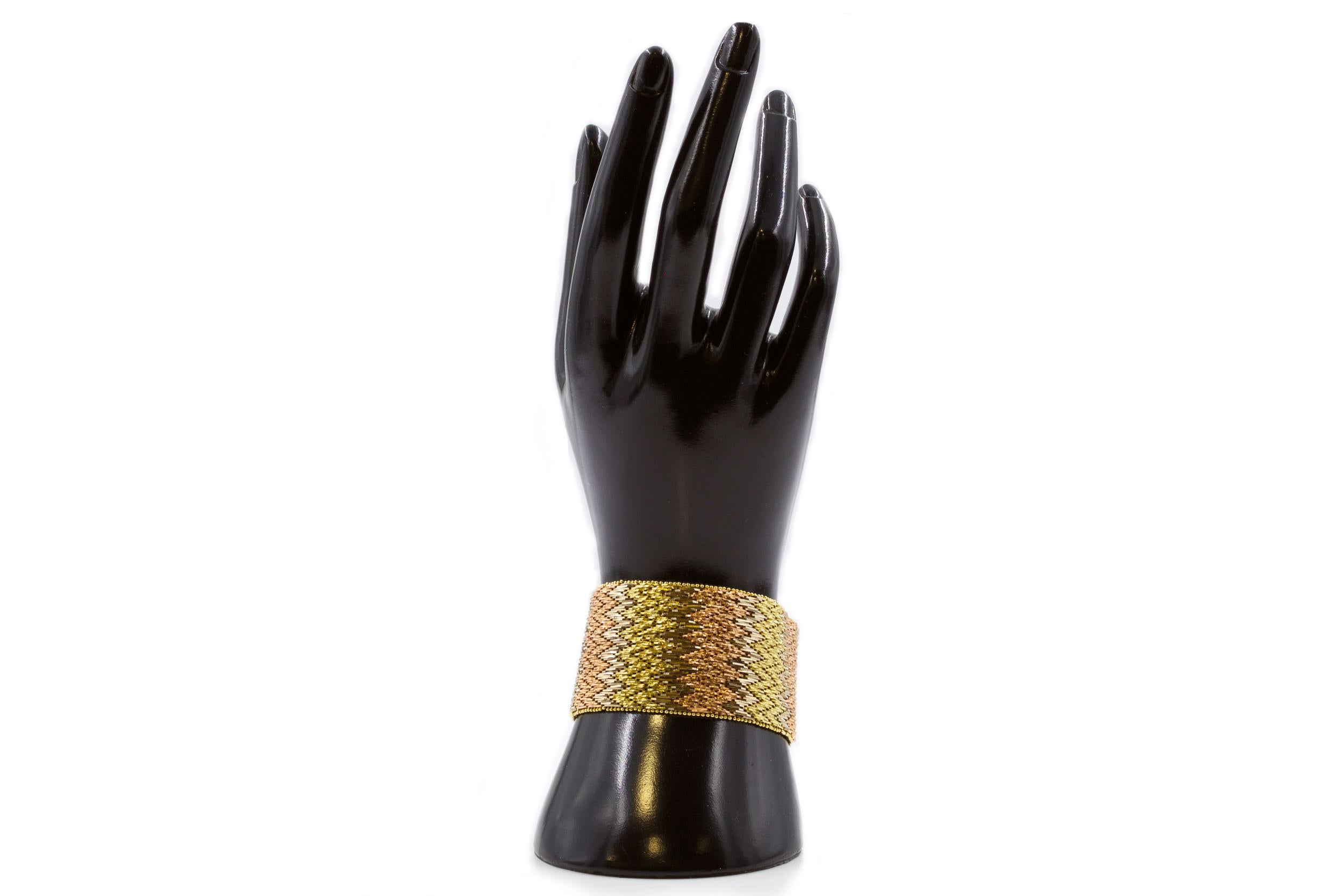 Italian Mid Century Modern 14K Tri-Color Textured Gold Flexible Strap Bracelet For Sale