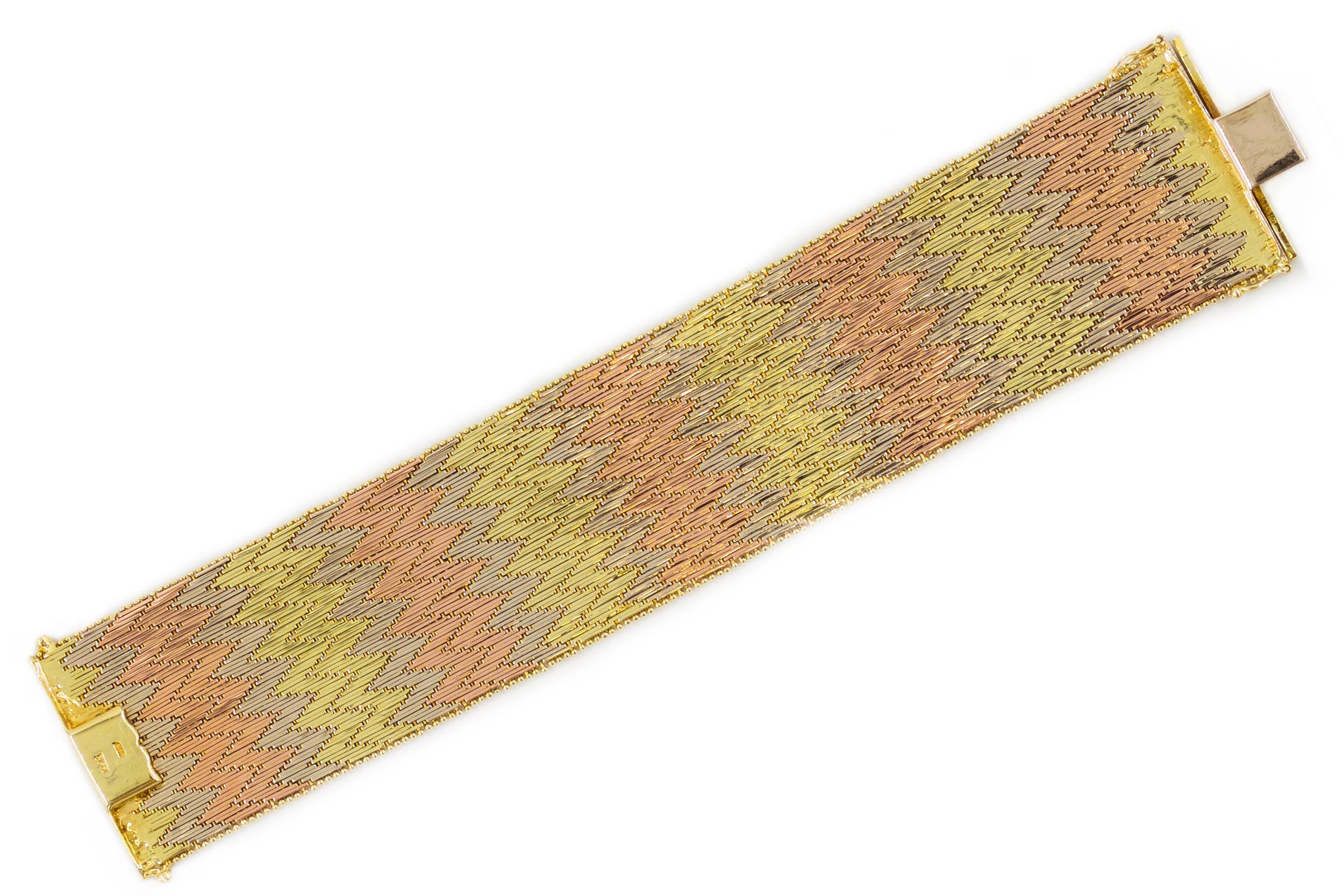 20th Century Mid Century Modern 14K Tri-Color Textured Gold Flexible Strap Bracelet For Sale
