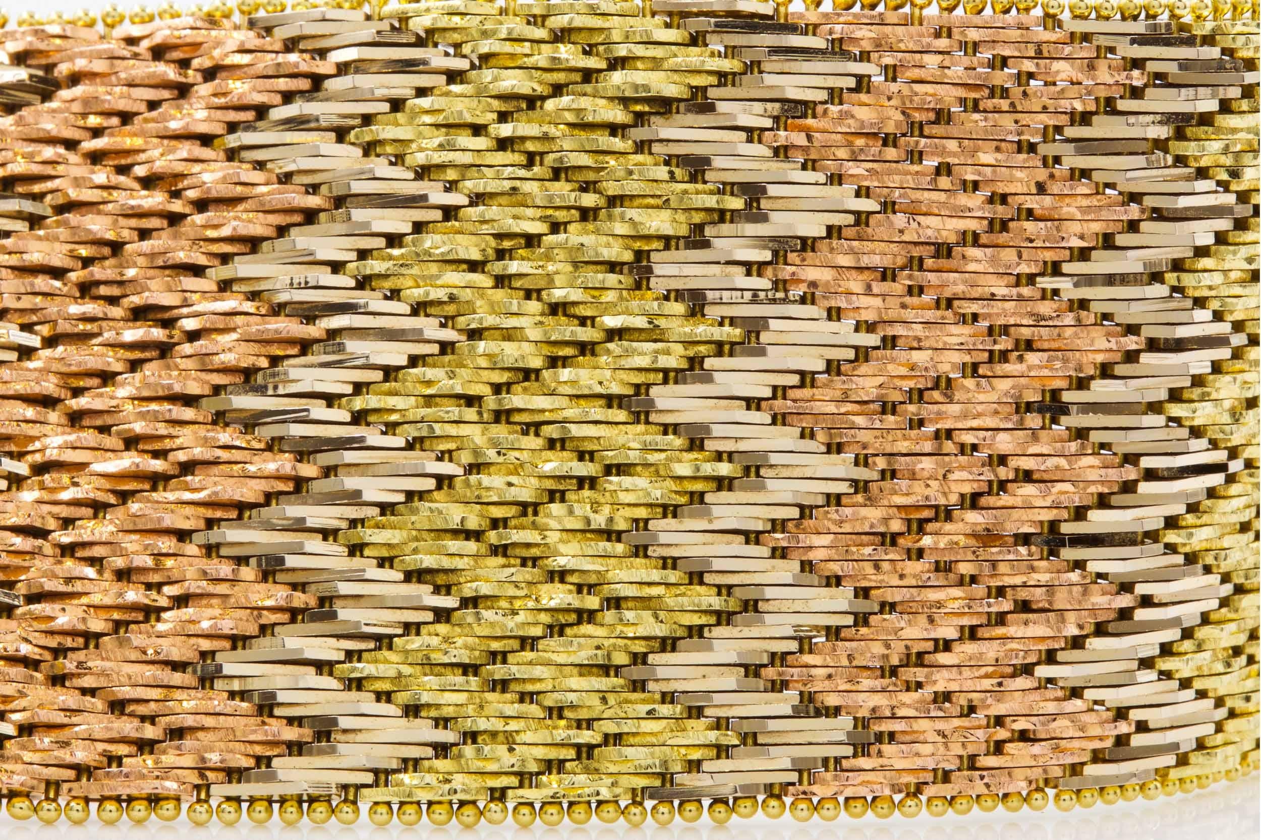 Mid Century Modern 14K Tri-Color Textured Gold Flexible Strap Bracelet For Sale 1