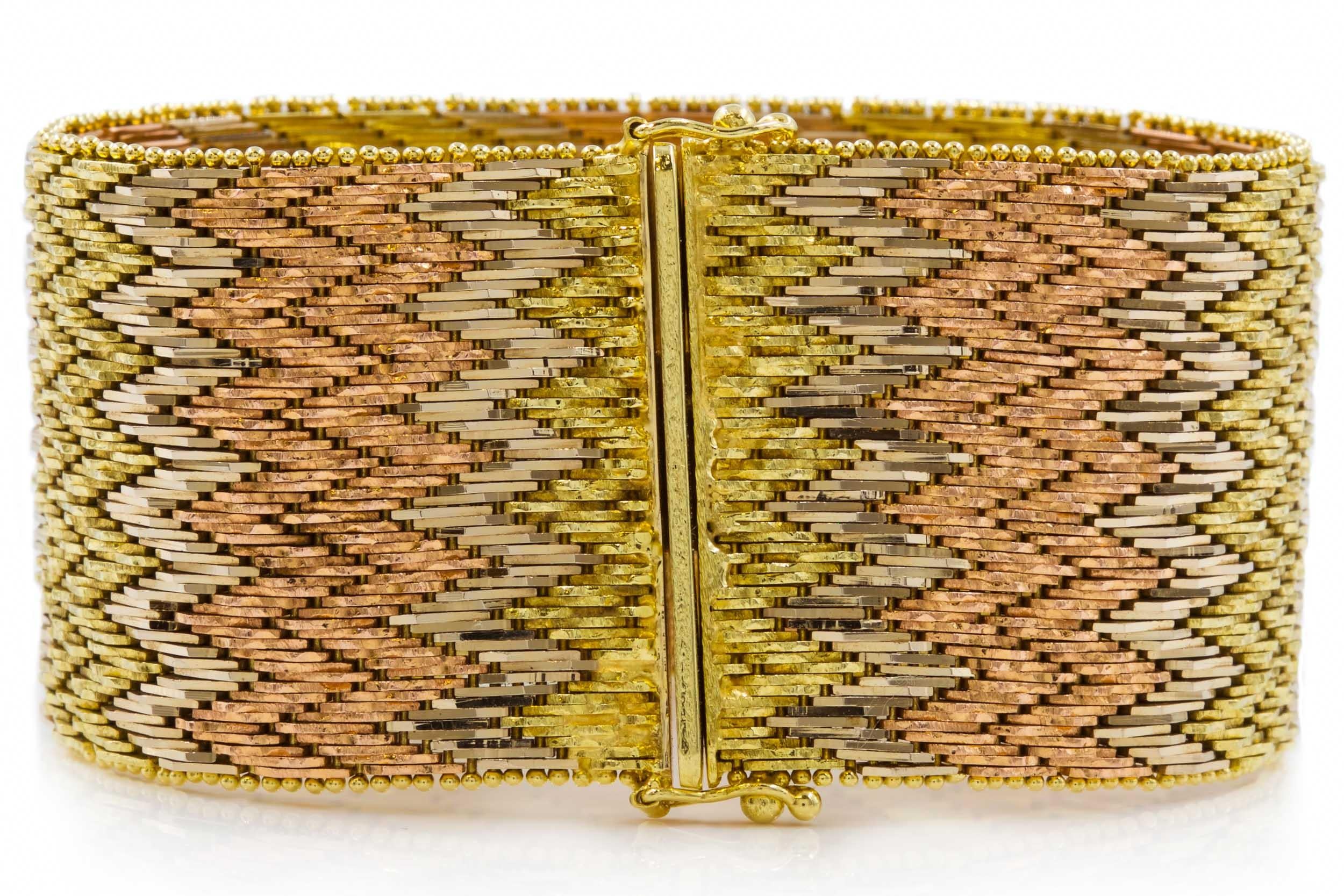 Mid Century Modern 14K Tri-Color Textured Gold Flexible Strap Bracelet 2