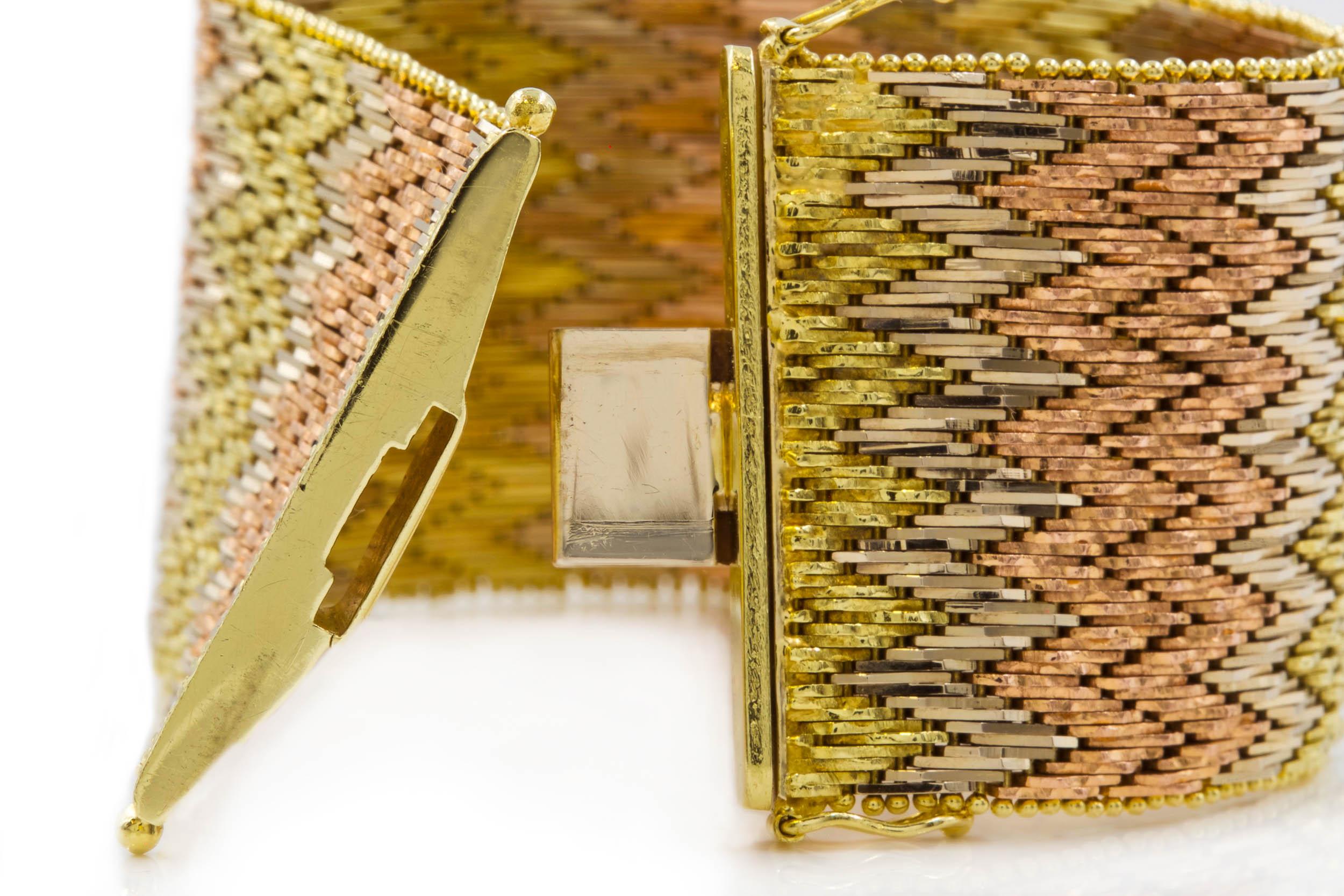 Mid Century Modern 14K Tri-Color Textured Gold Flexible Strap Bracelet For Sale 4