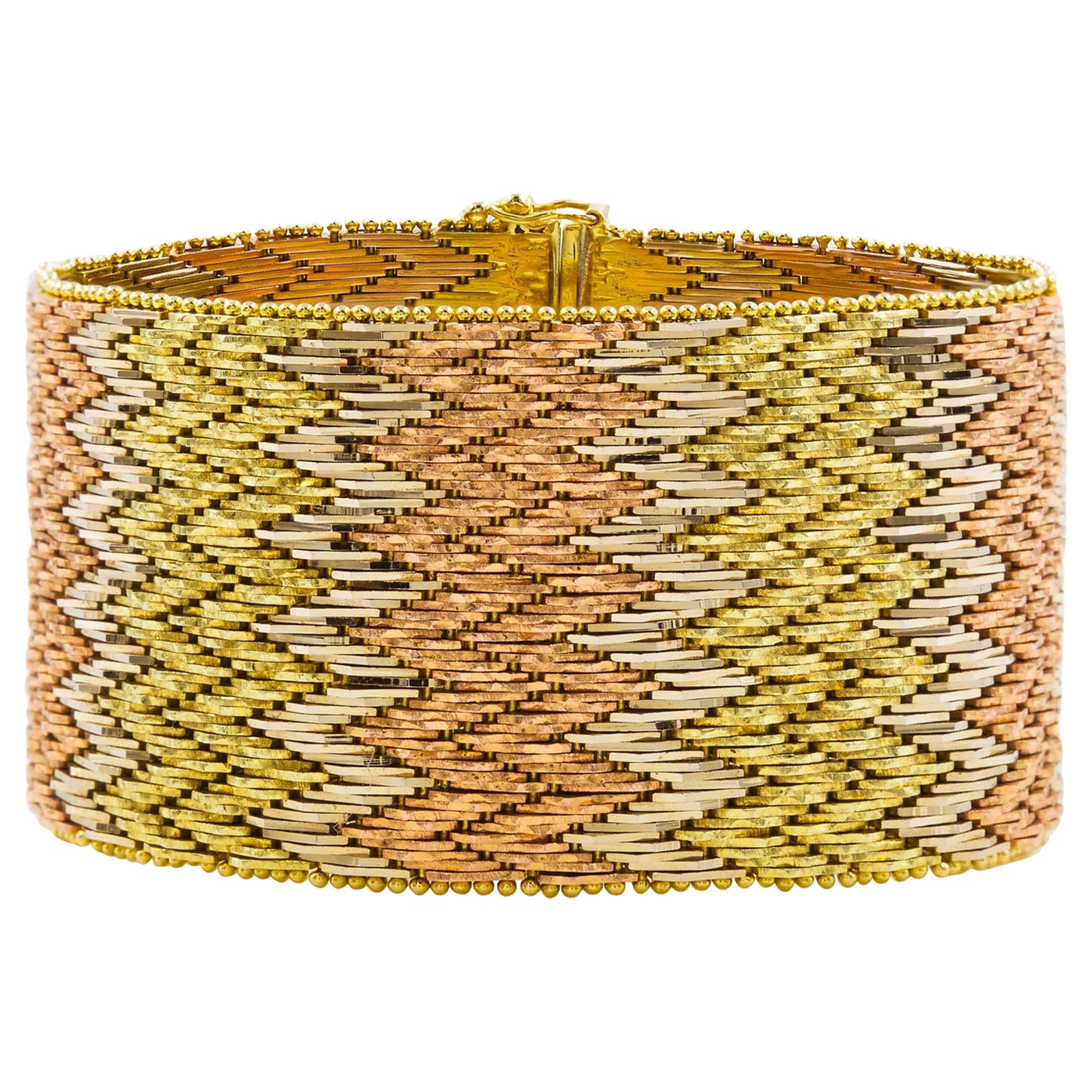 Pulsera flexible de oro tricolor texturado de 14 quilates Mid Century Modern