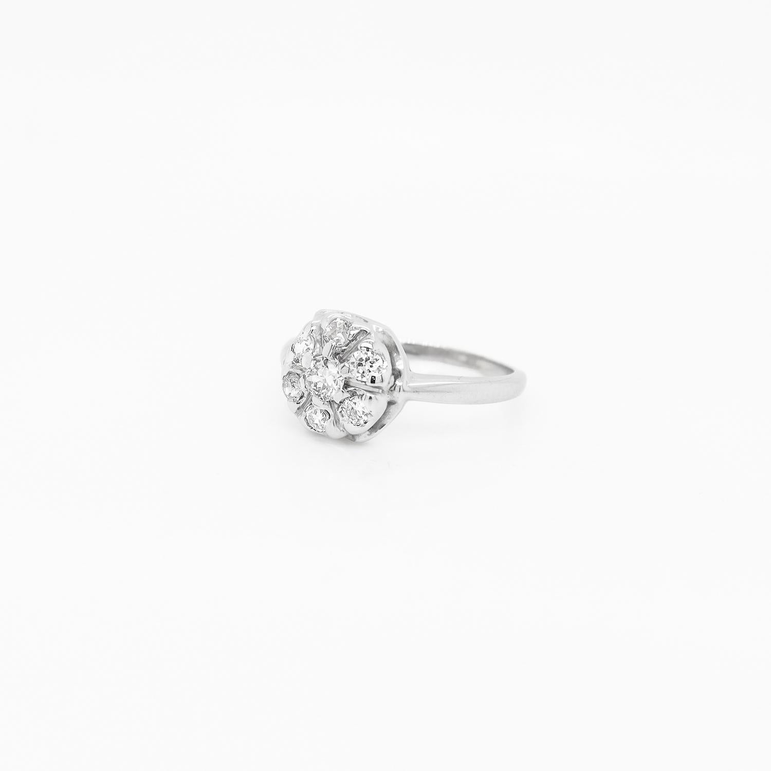 Mid-Century Modern 14K White Gold Diamond Cluster Cocktail Ring In Good Condition For Sale In Philadelphia, PA