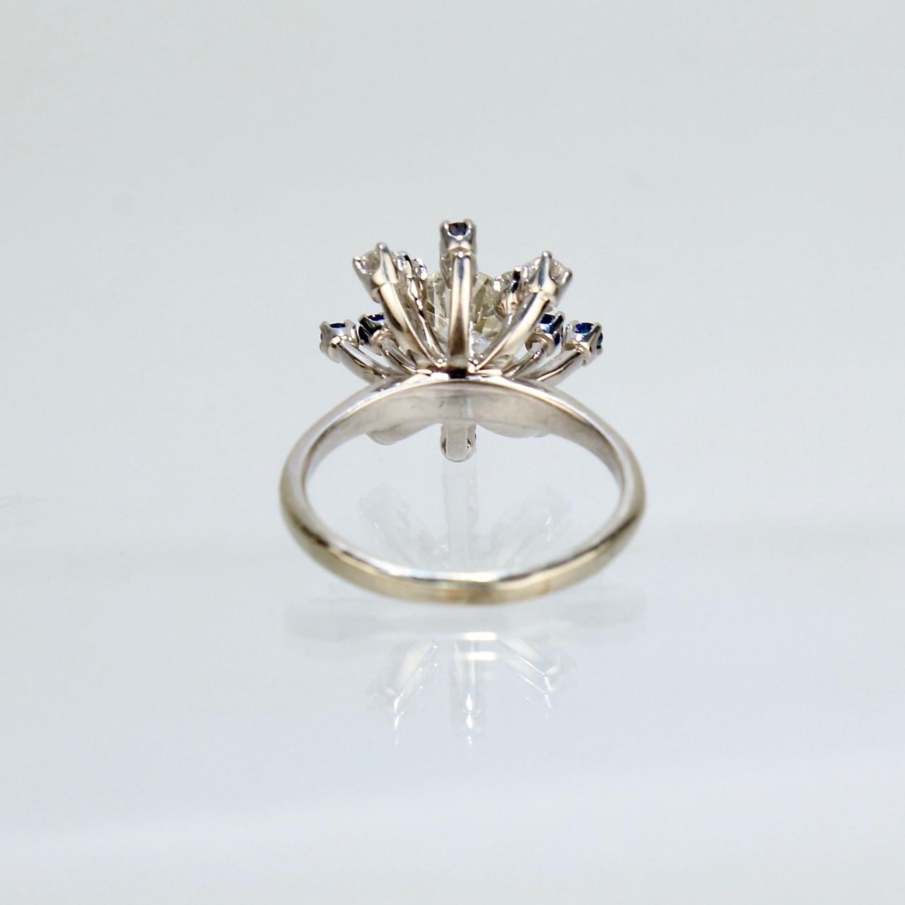 Signed Mid-Century Modern 14K Gold, Diamond, & Sapphire Starburst Cocktail Ring For Sale 1