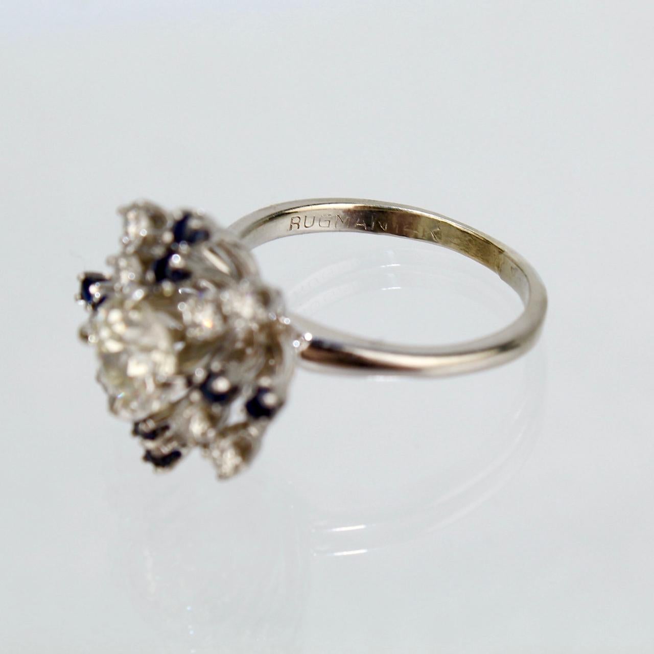 Signed Mid-Century Modern 14K Gold, Diamond, & Sapphire Starburst Cocktail Ring For Sale 2