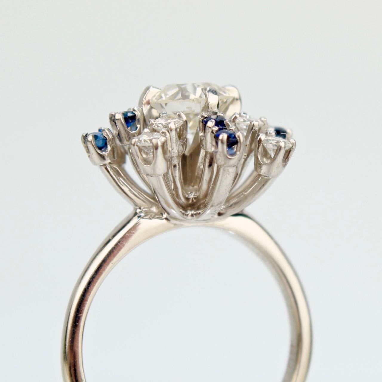 Signed Mid-Century Modern 14K Gold, Diamond, & Sapphire Starburst Cocktail Ring For Sale 3