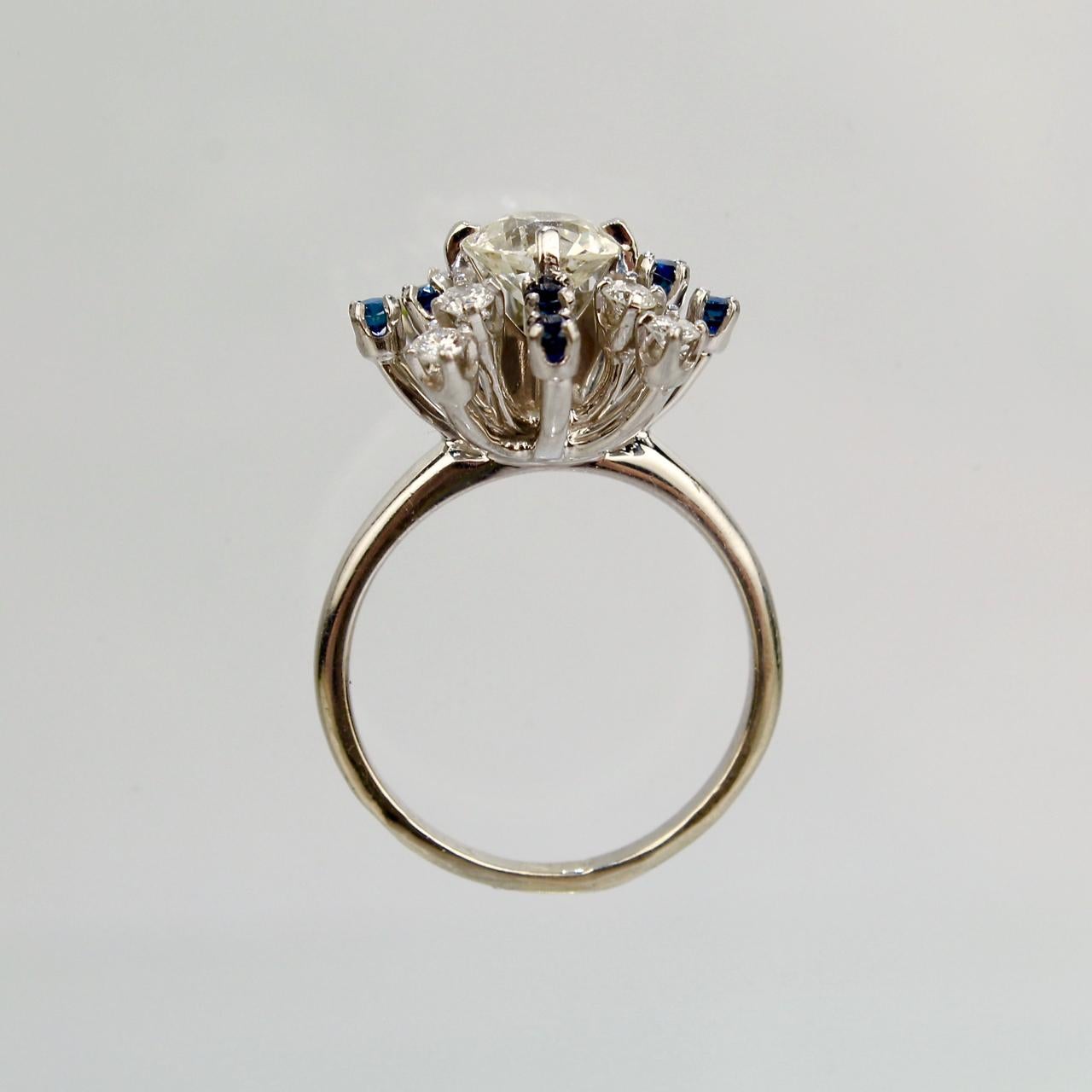 Signed Mid-Century Modern 14K Gold, Diamond, & Sapphire Starburst Cocktail Ring In Good Condition For Sale In Philadelphia, PA