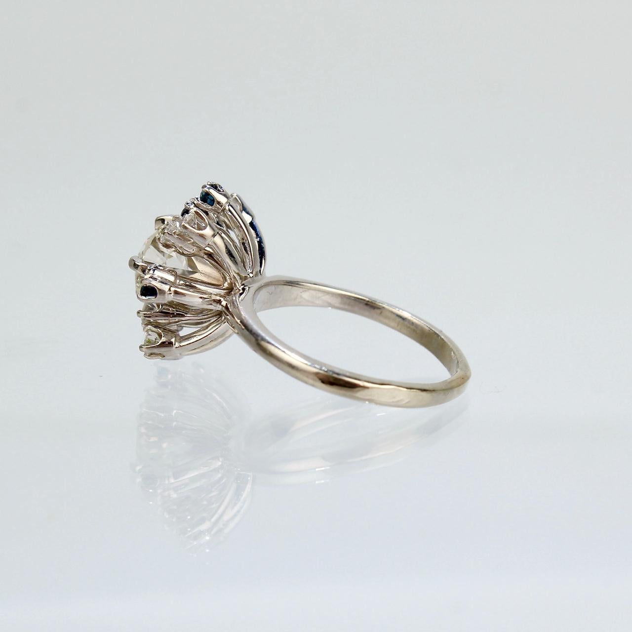 Women's Signed Mid-Century Modern 14K Gold, Diamond, & Sapphire Starburst Cocktail Ring For Sale