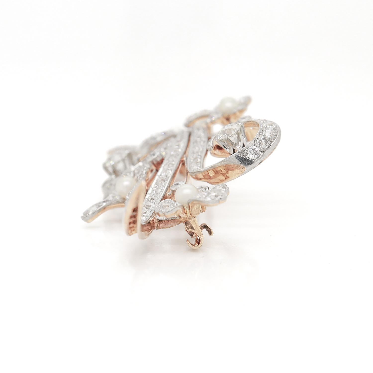 Mid-Century Modern 14K White & Yellow Gold, Diamond, & Pearl Floral Brooch For Sale 5