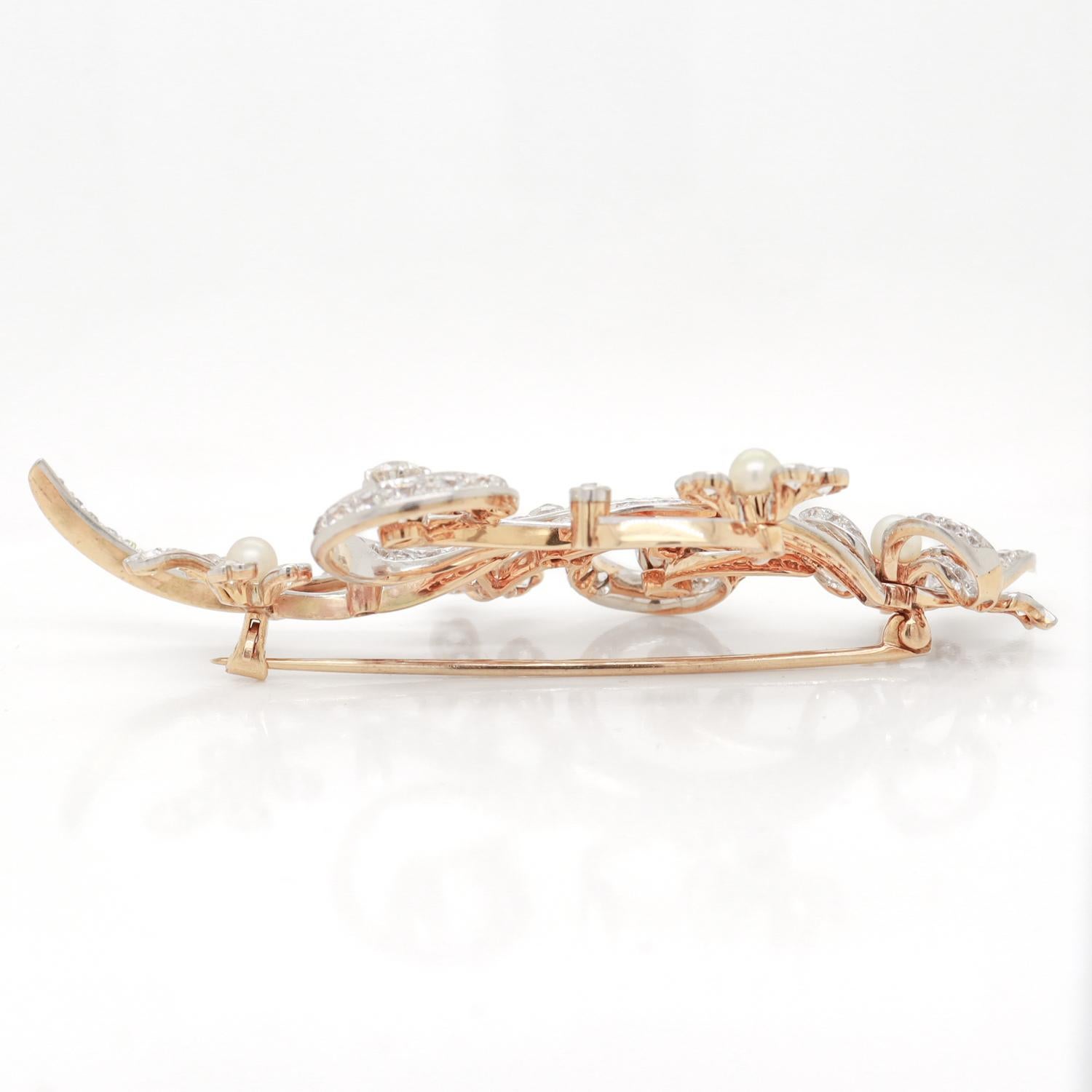 Mid-Century Modern 14K White & Yellow Gold, Diamond, & Pearl Floral Brooch For Sale 6