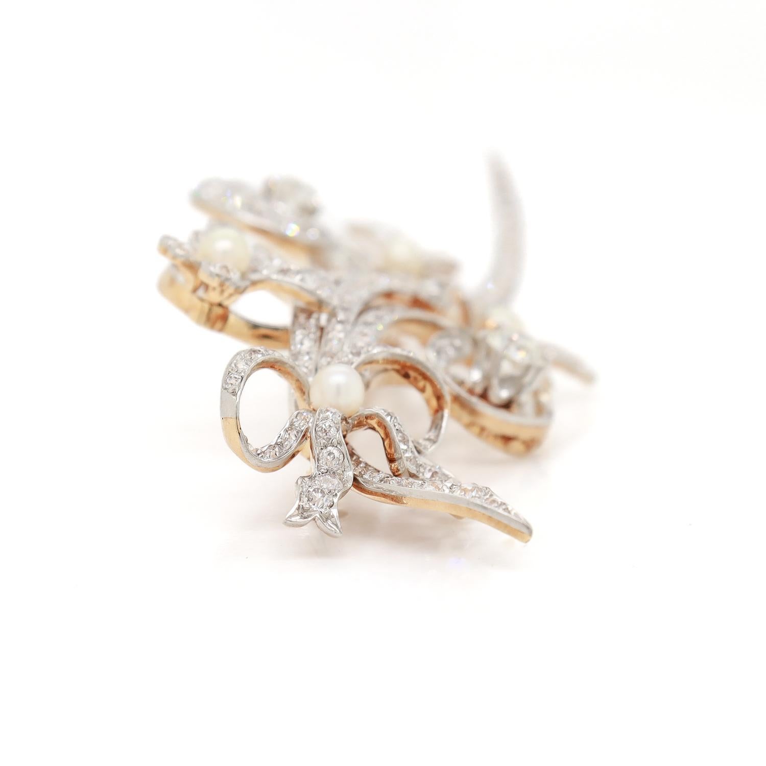 Mid-Century Modern 14K White & Yellow Gold, Diamond, & Pearl Floral Brooch For Sale 7