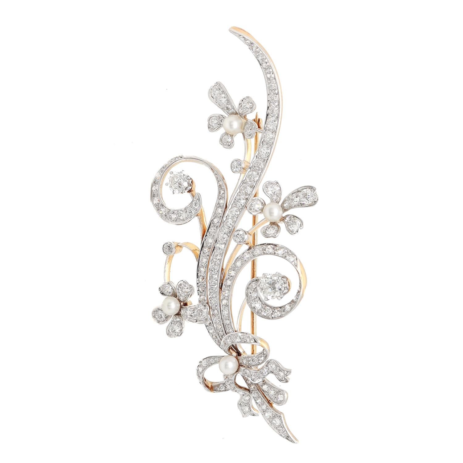 Mid-Century Modern 14K White & Yellow Gold, Diamond, & Pearl Floral Brooch In Good Condition For Sale In Philadelphia, PA