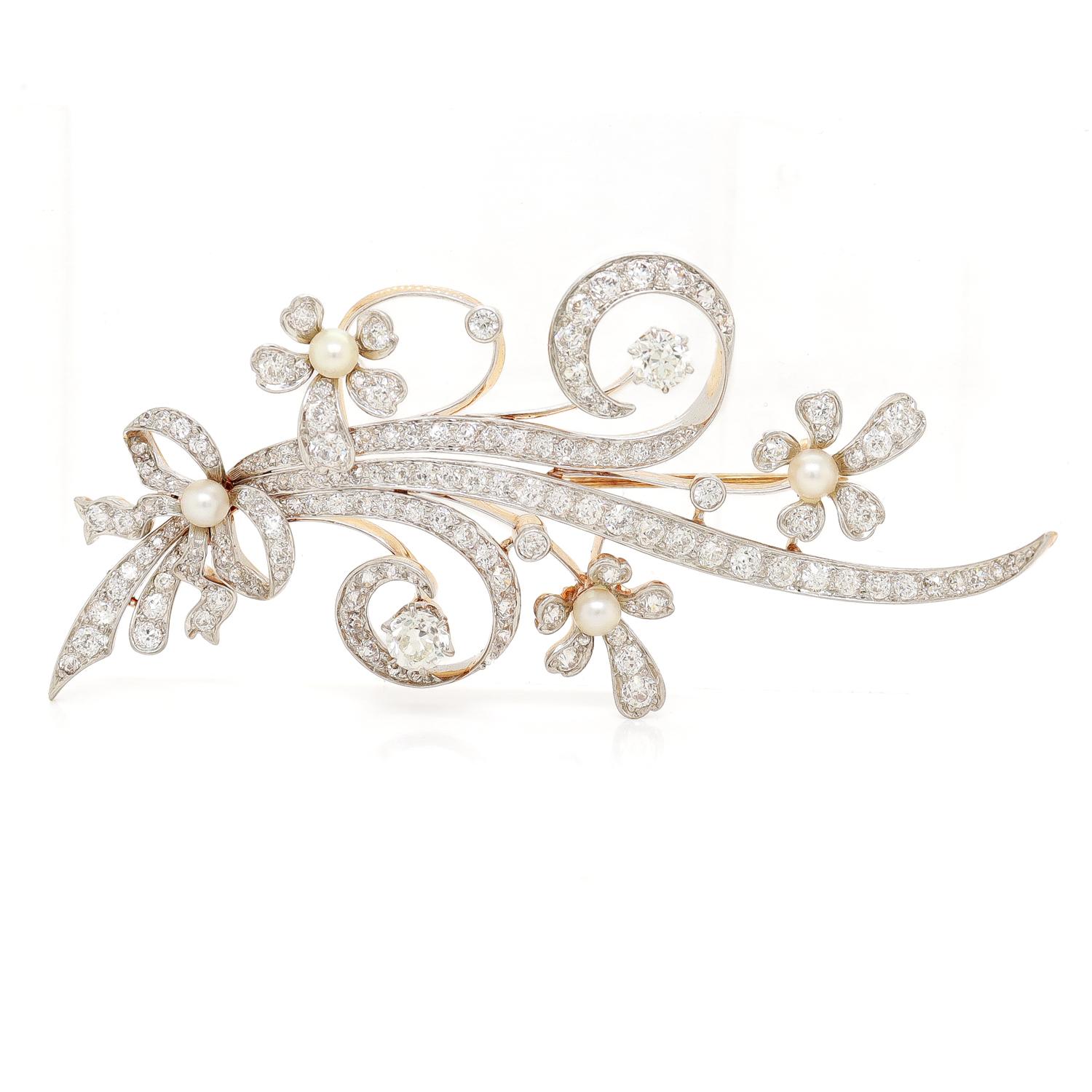 Women's or Men's Mid-Century Modern 14K White & Yellow Gold, Diamond, & Pearl Floral Brooch For Sale