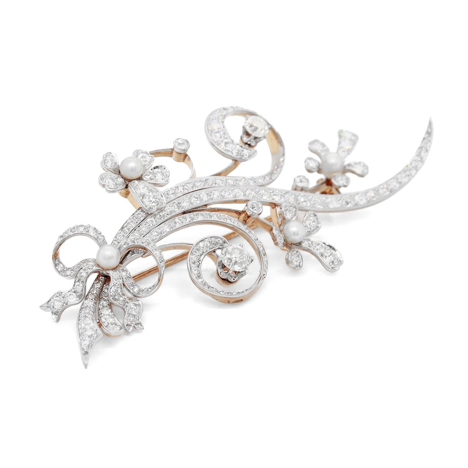 Mid-Century Modern 14K White & Yellow Gold, Diamond, & Pearl Floral Brooch For Sale 2